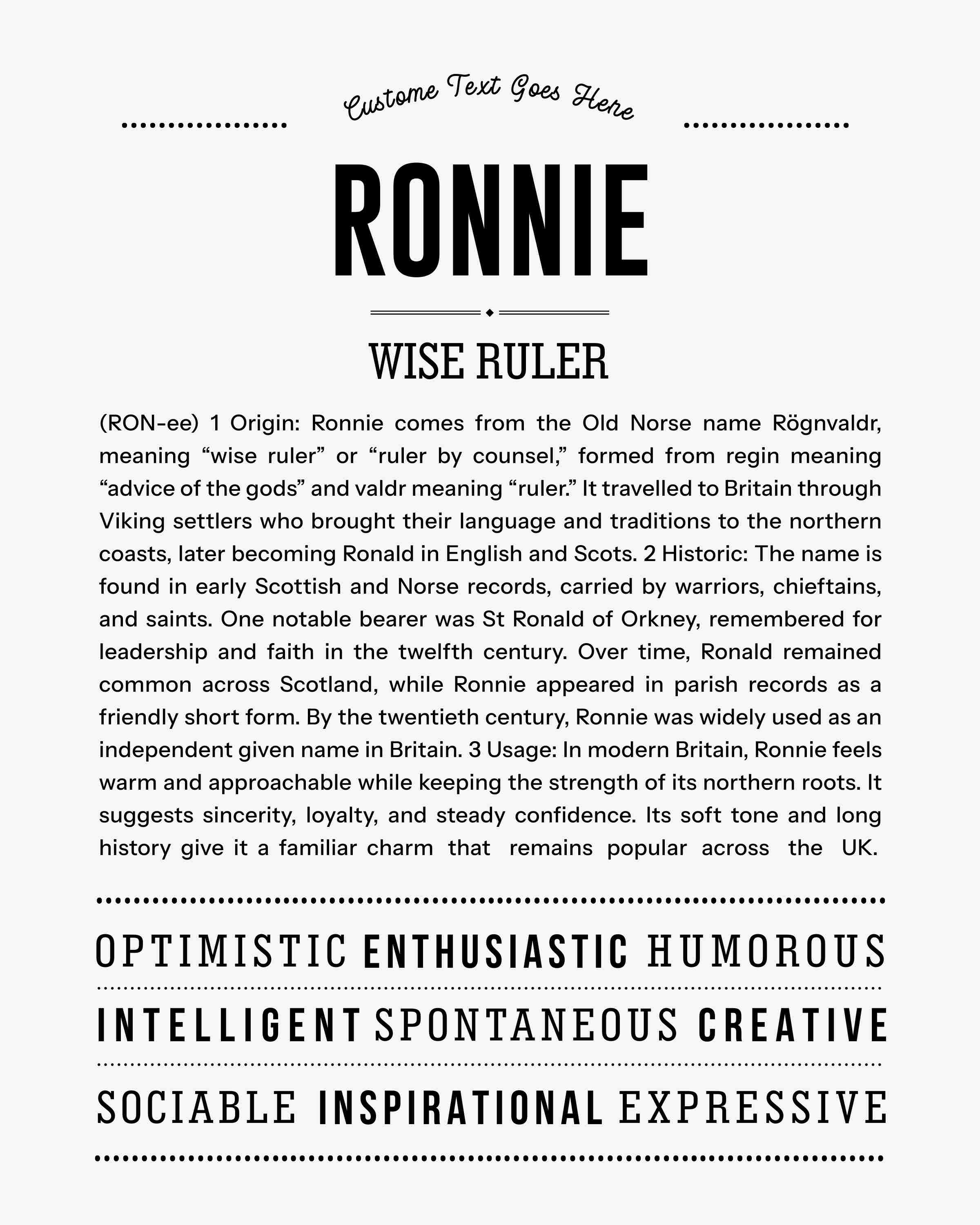 Ronnie (Male) Personalized Name Meaning Classic Art Print – Name Stories UK
