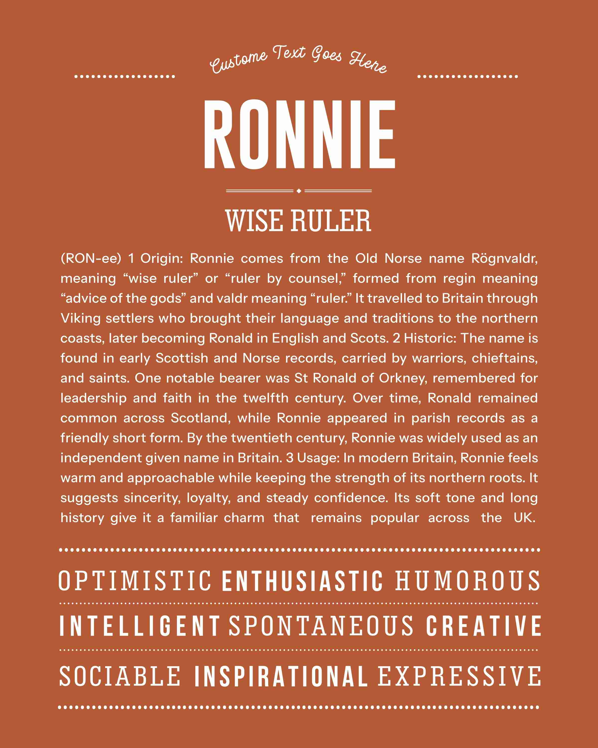 Ronnie (male) | Personalised Name Meaning Print – Custom Name Art Gift