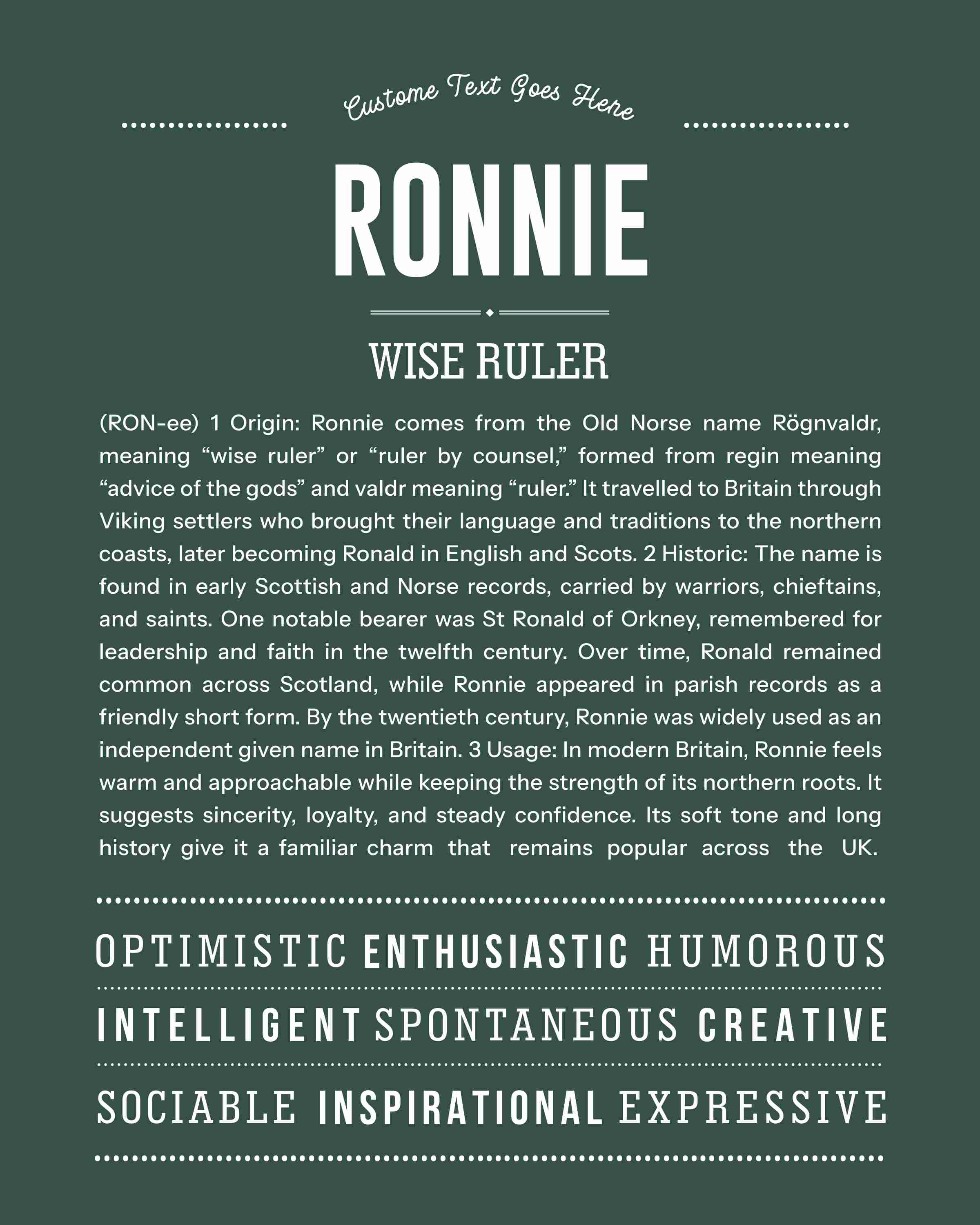 Ronnie (male) | Personalised Name Meaning Print – Custom Name Art Gift