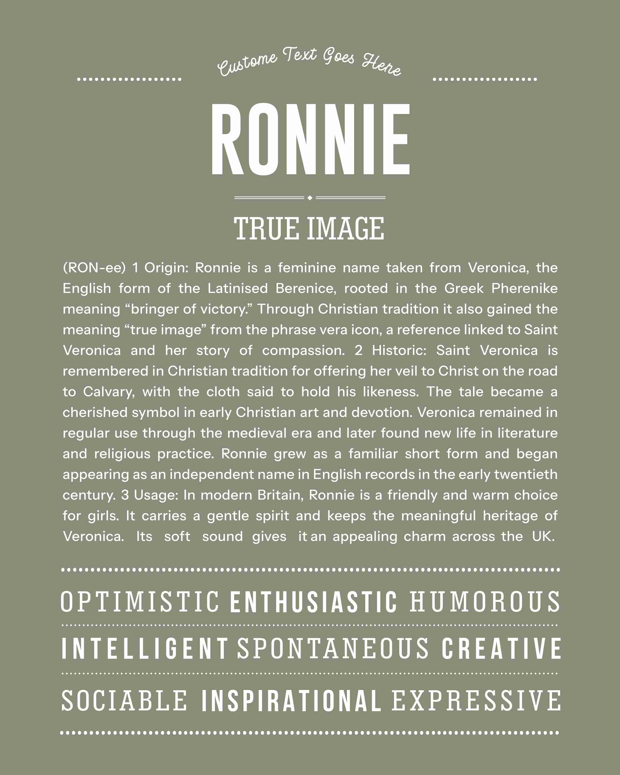 Ronnie (female) | Personalised Name Meaning Print – Custom Name Art Gift