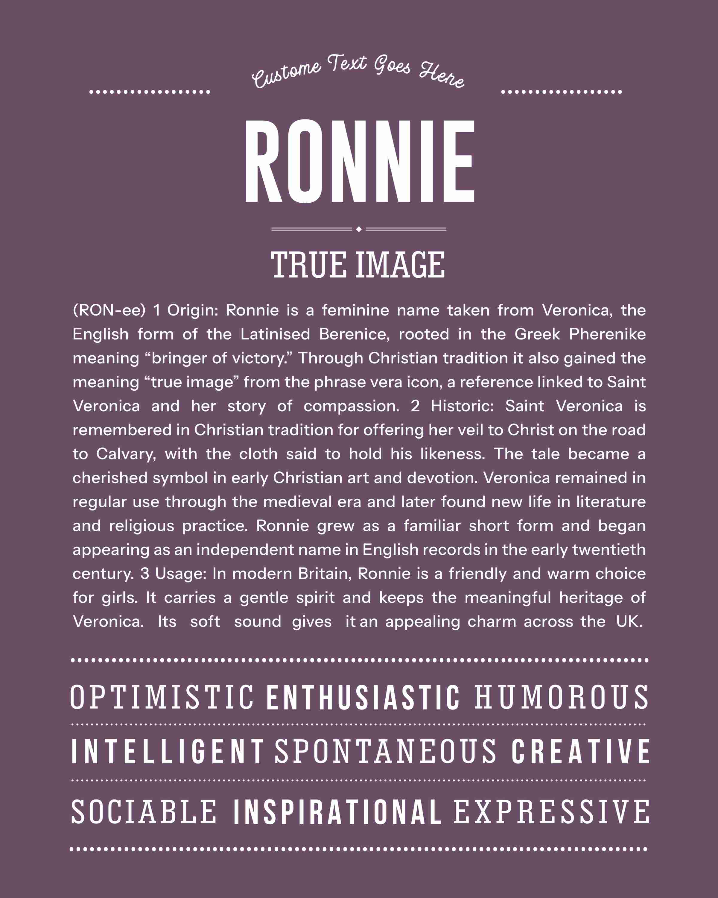 Ronnie (female) | Personalised Name Meaning Print – Custom Name Art Gift