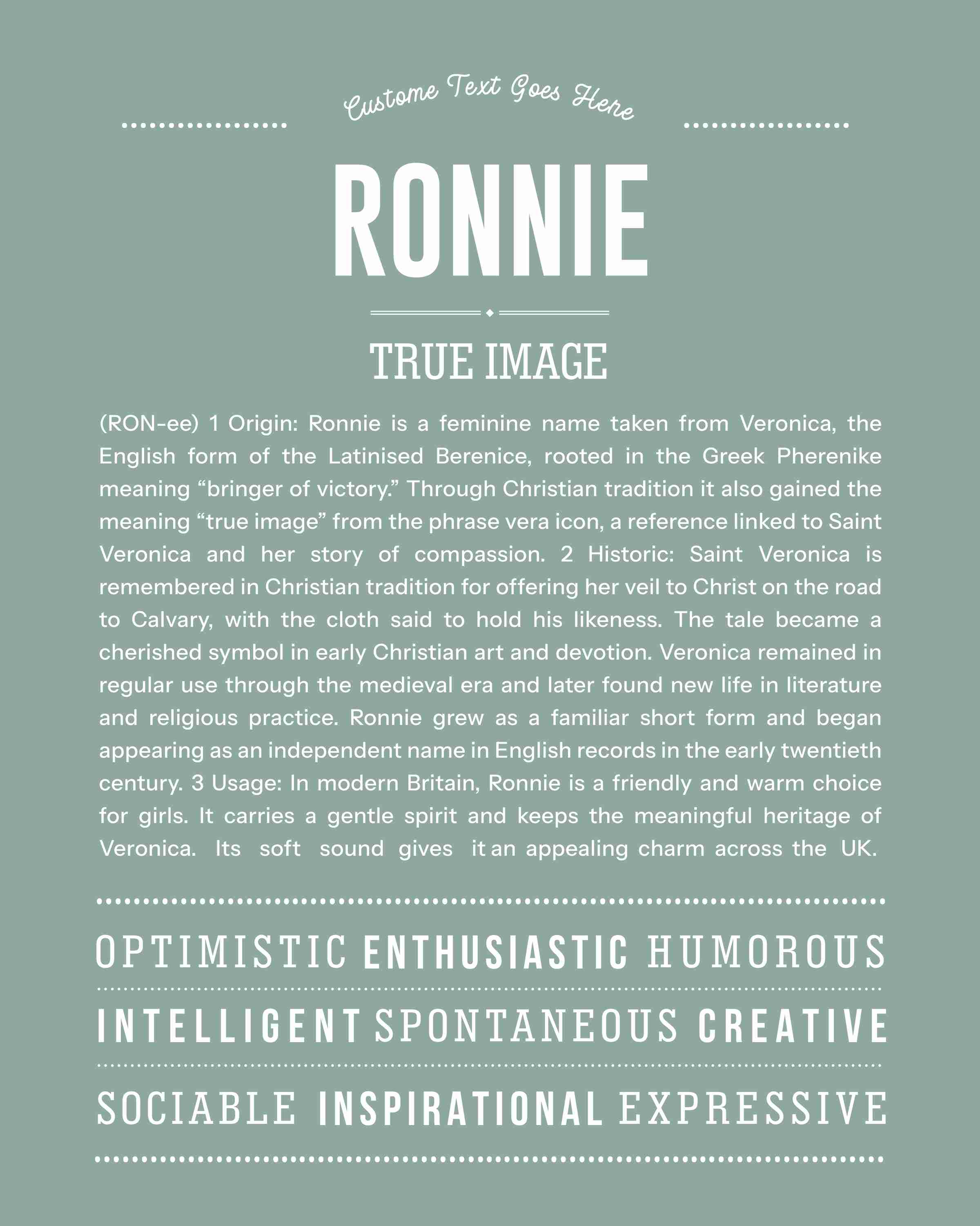 Ronnie (female) | Personalised Name Meaning Print – Custom Name Art Gift