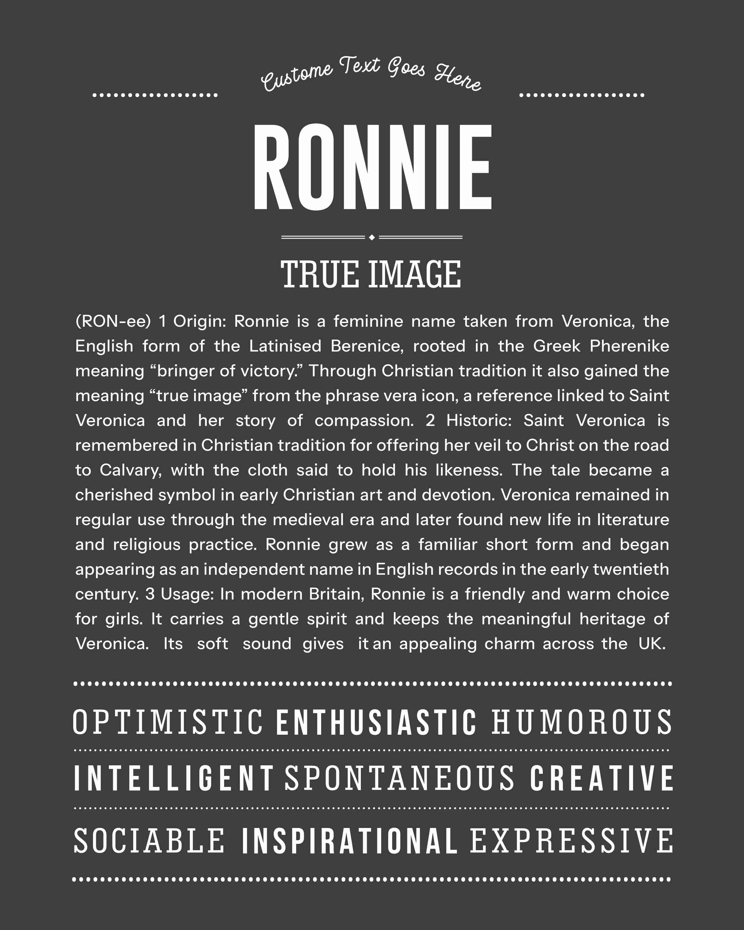 Ronnie (female) | Personalised Name Meaning Print – Custom Name Art Gift