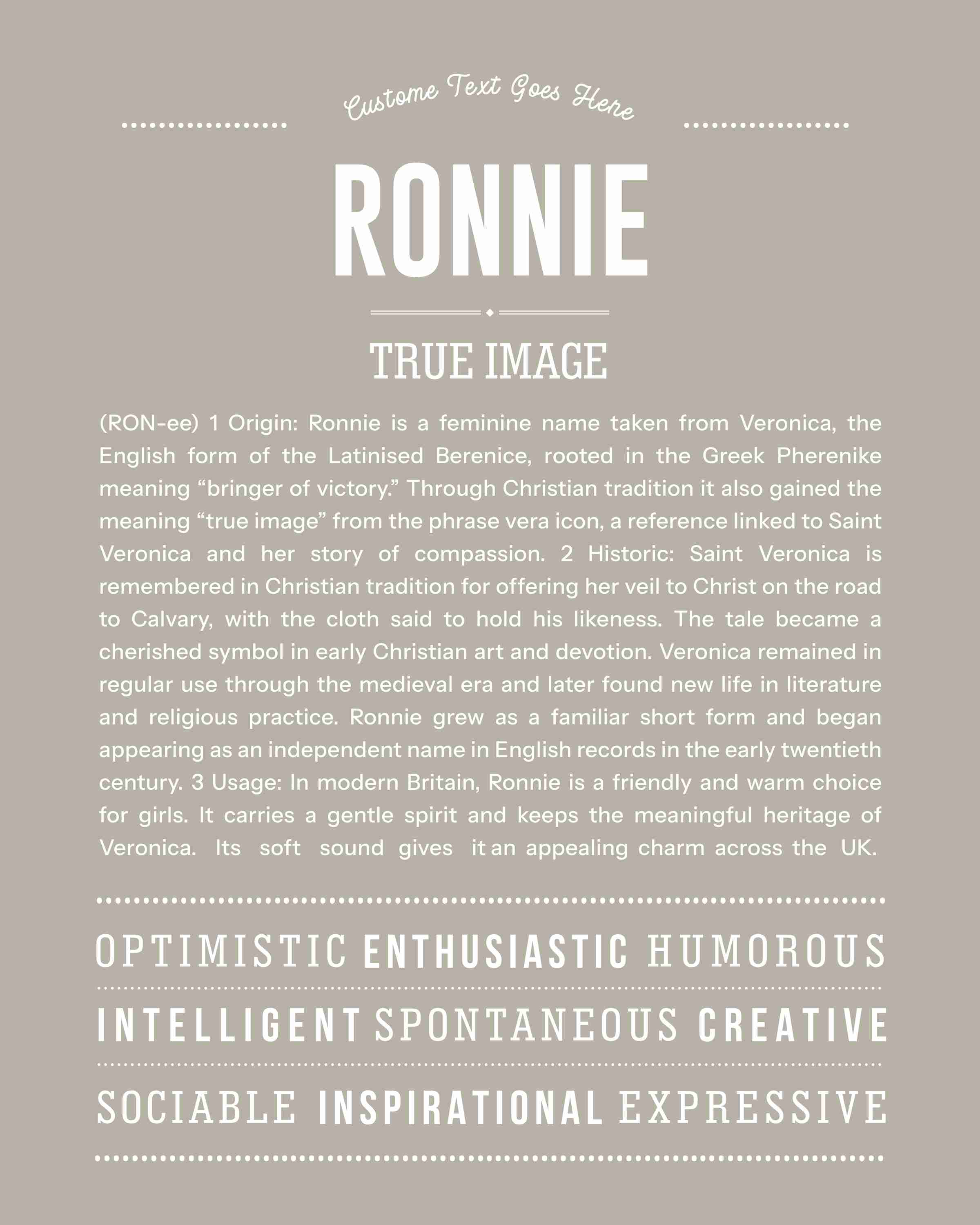Ronnie (female) | Personalised Name Meaning Print – Custom Name Art Gift
