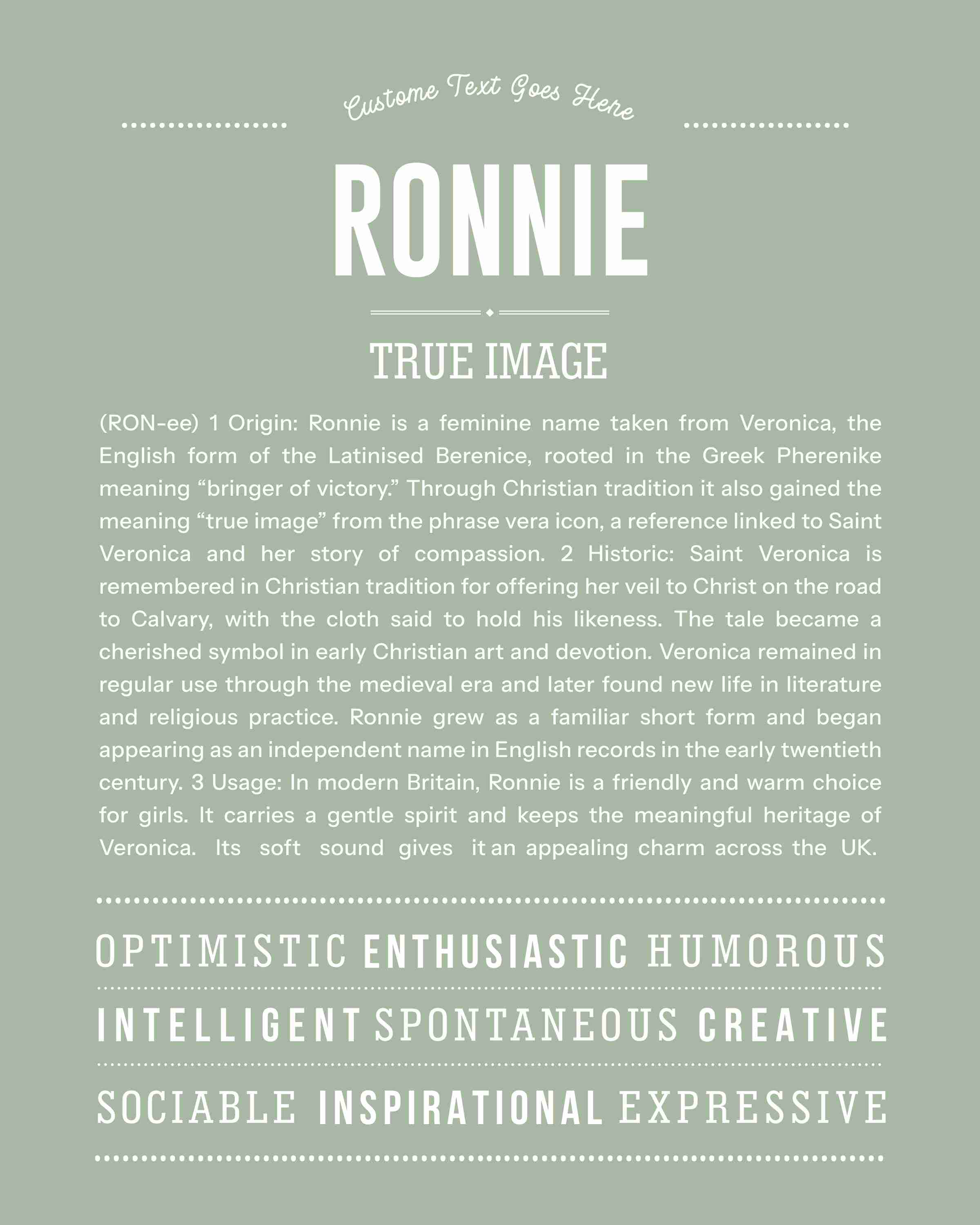 Ronnie (female) | Personalised Name Meaning Print – Custom Name Art Gift