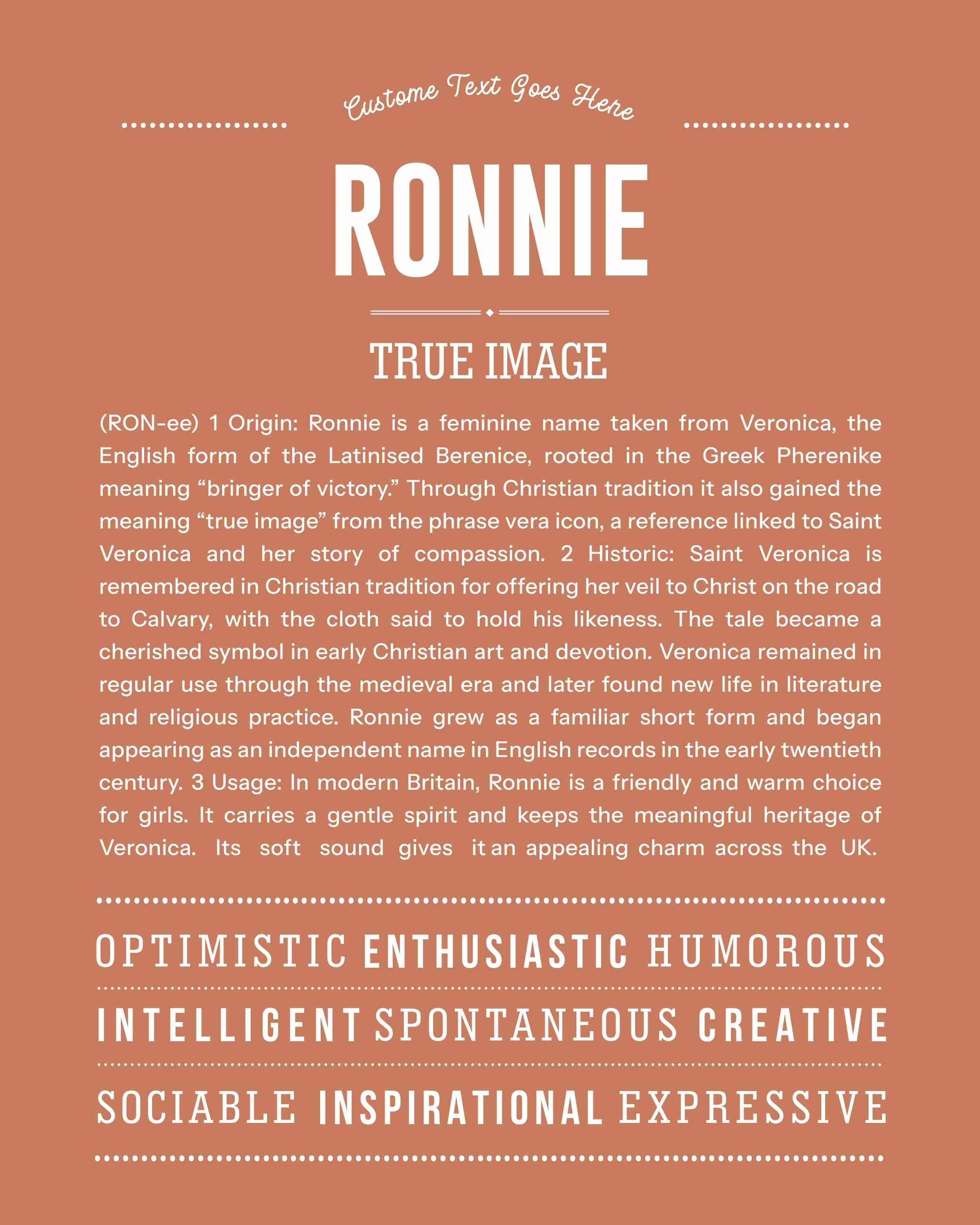 Ronnie (female) | Personalised Name Meaning Print – Custom Name Art Gift