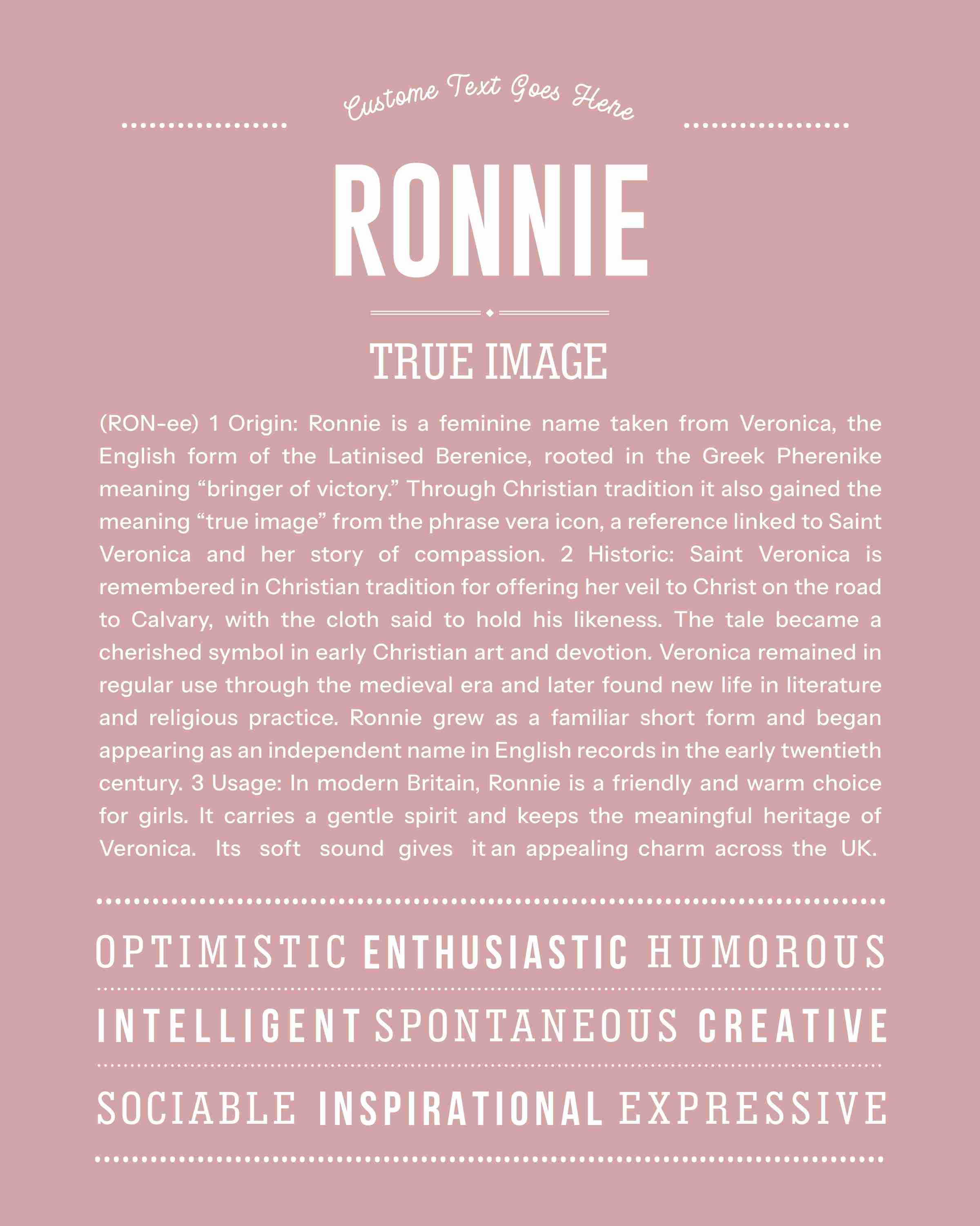 Ronnie (female) | Personalised Name Meaning Print – Custom Name Art Gift