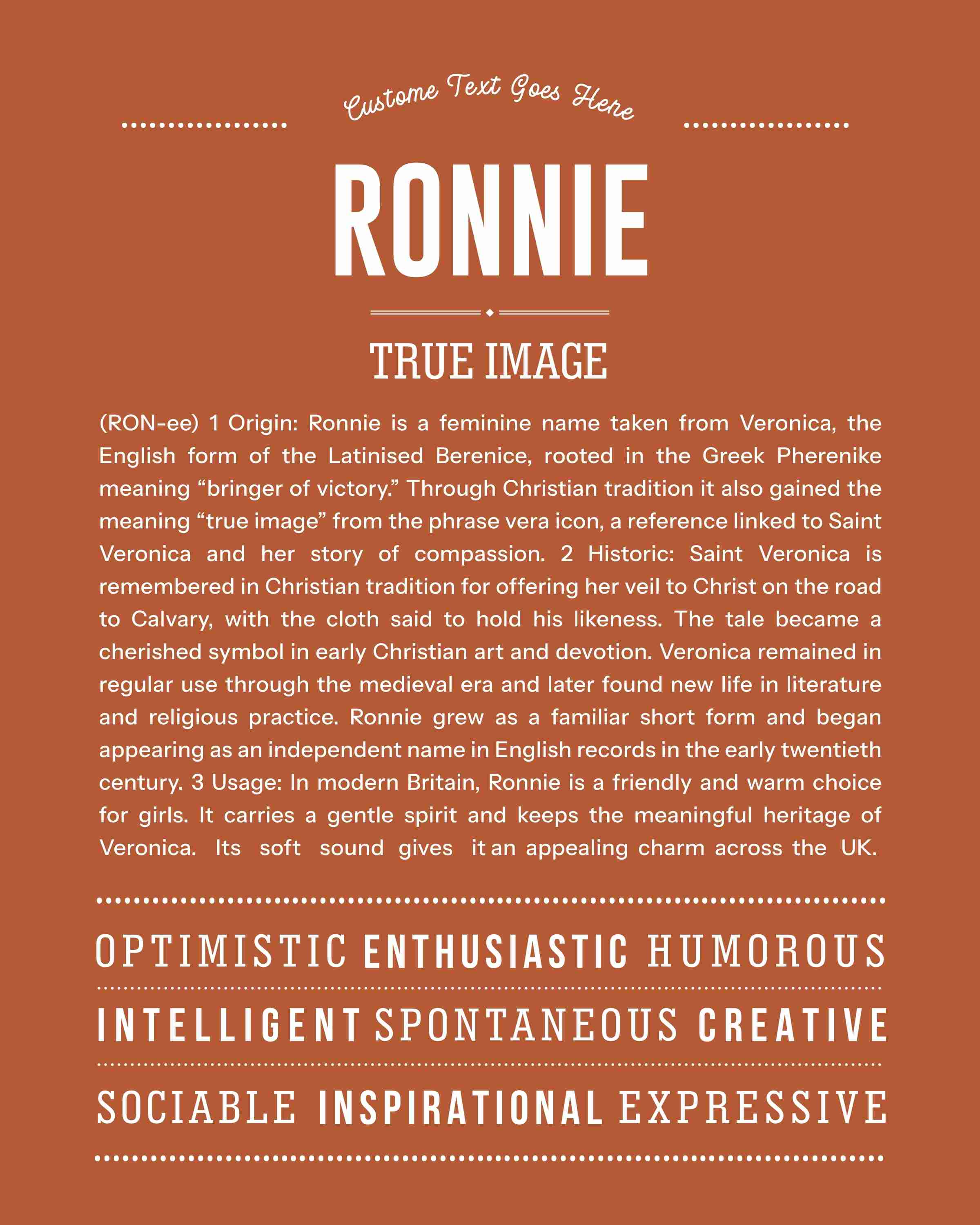 Ronnie (female) | Personalised Name Meaning Print – Custom Name Art Gift
