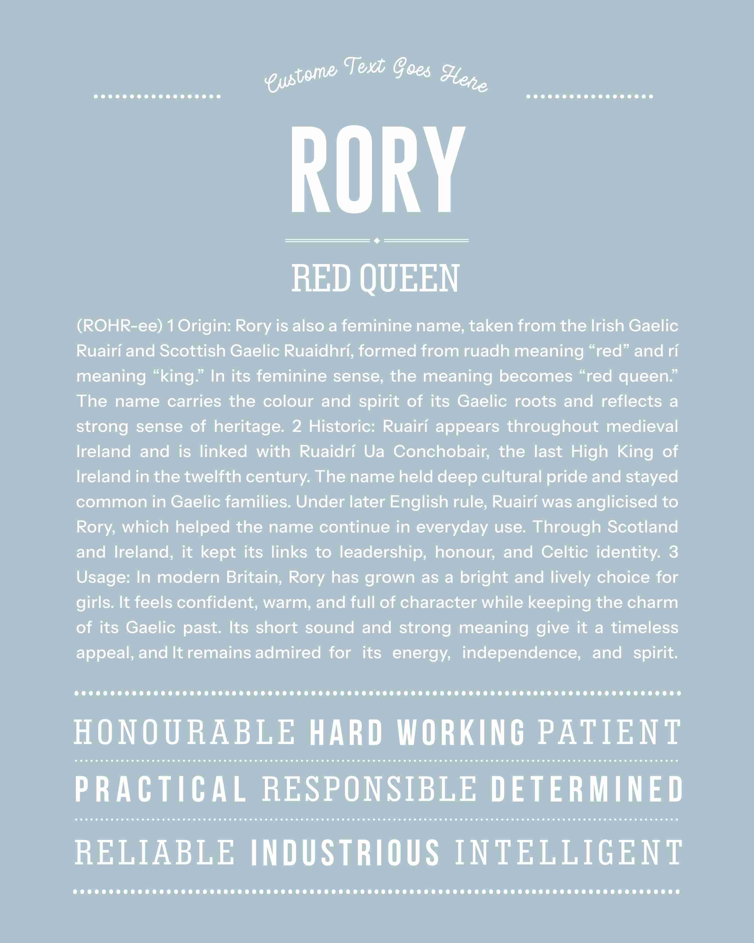Rory (female) | Personalised Name Meaning Print – Custom Name Art Gift
