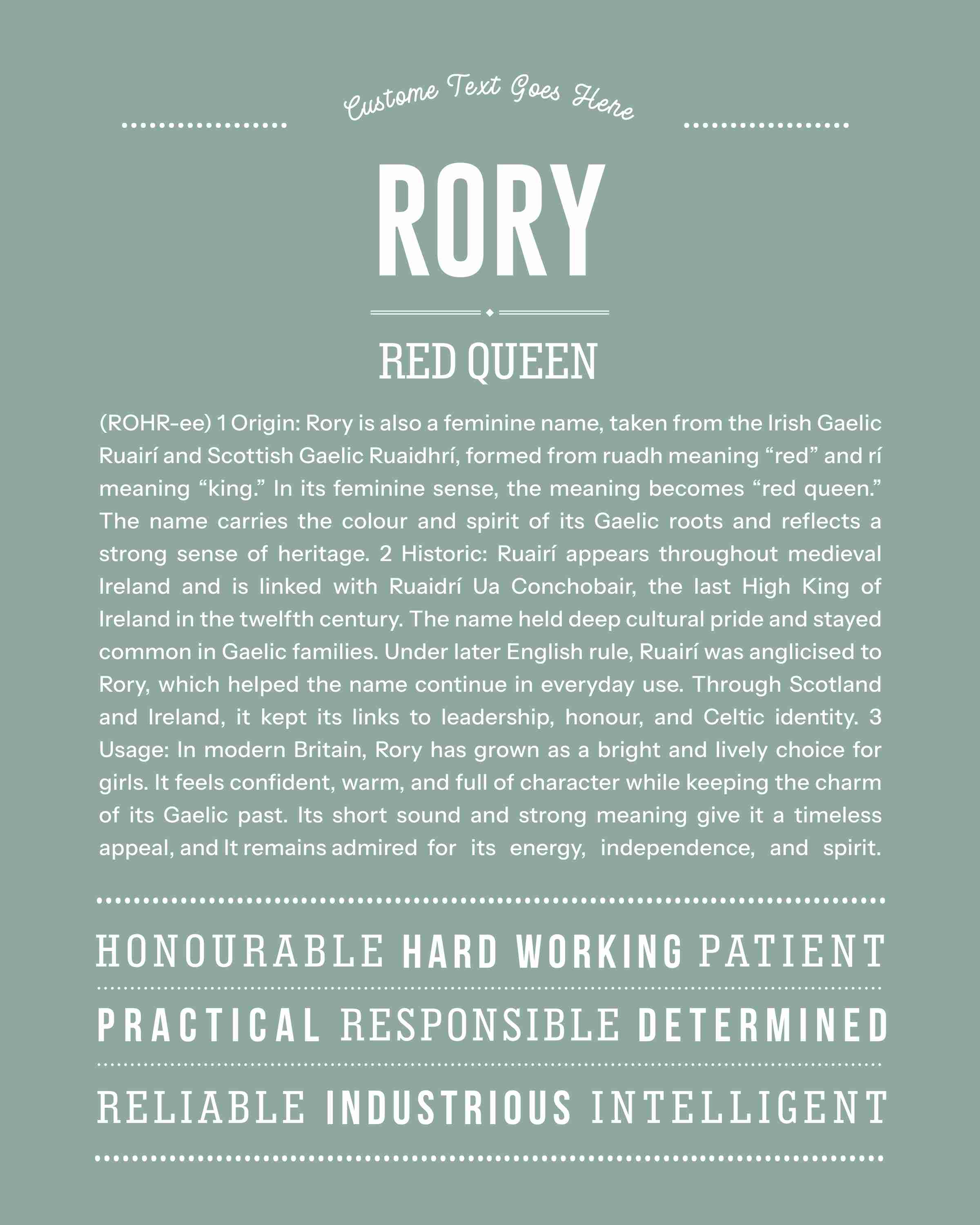 Rory (female) | Personalised Name Meaning Print – Custom Name Art Gift