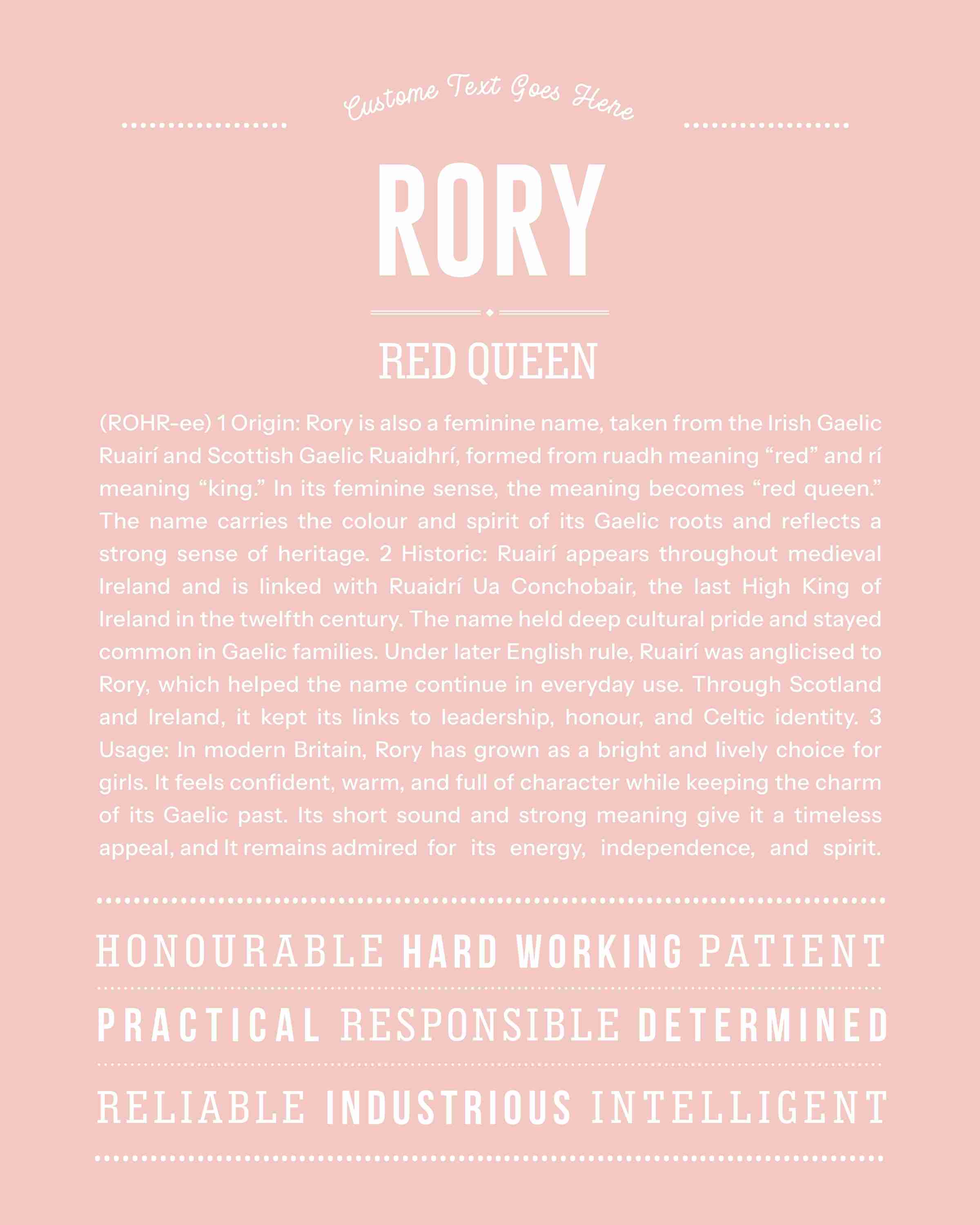 Rory (female) | Personalised Name Meaning Print – Custom Name Art Gift