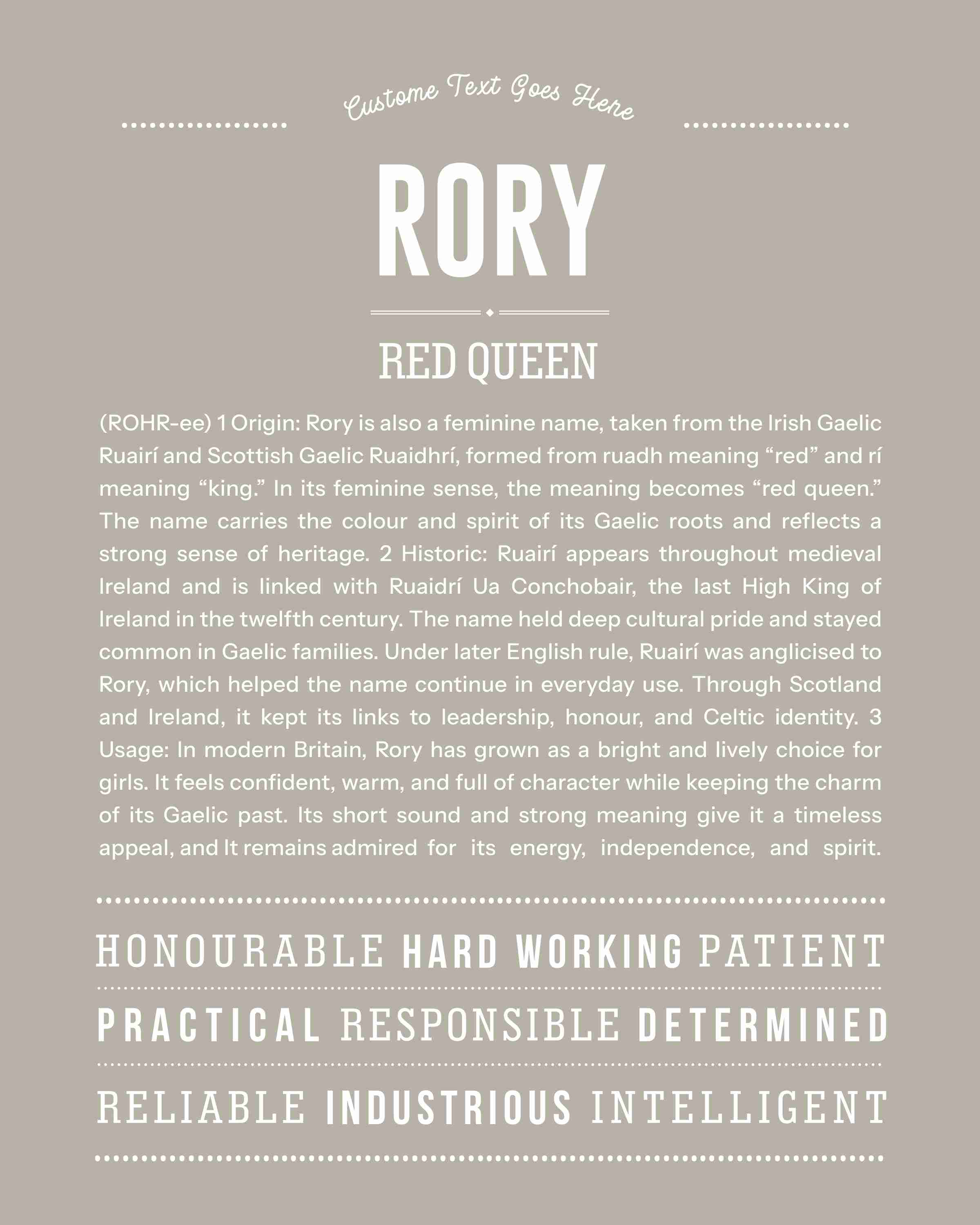 Rory (female) | Personalised Name Meaning Print – Custom Name Art Gift