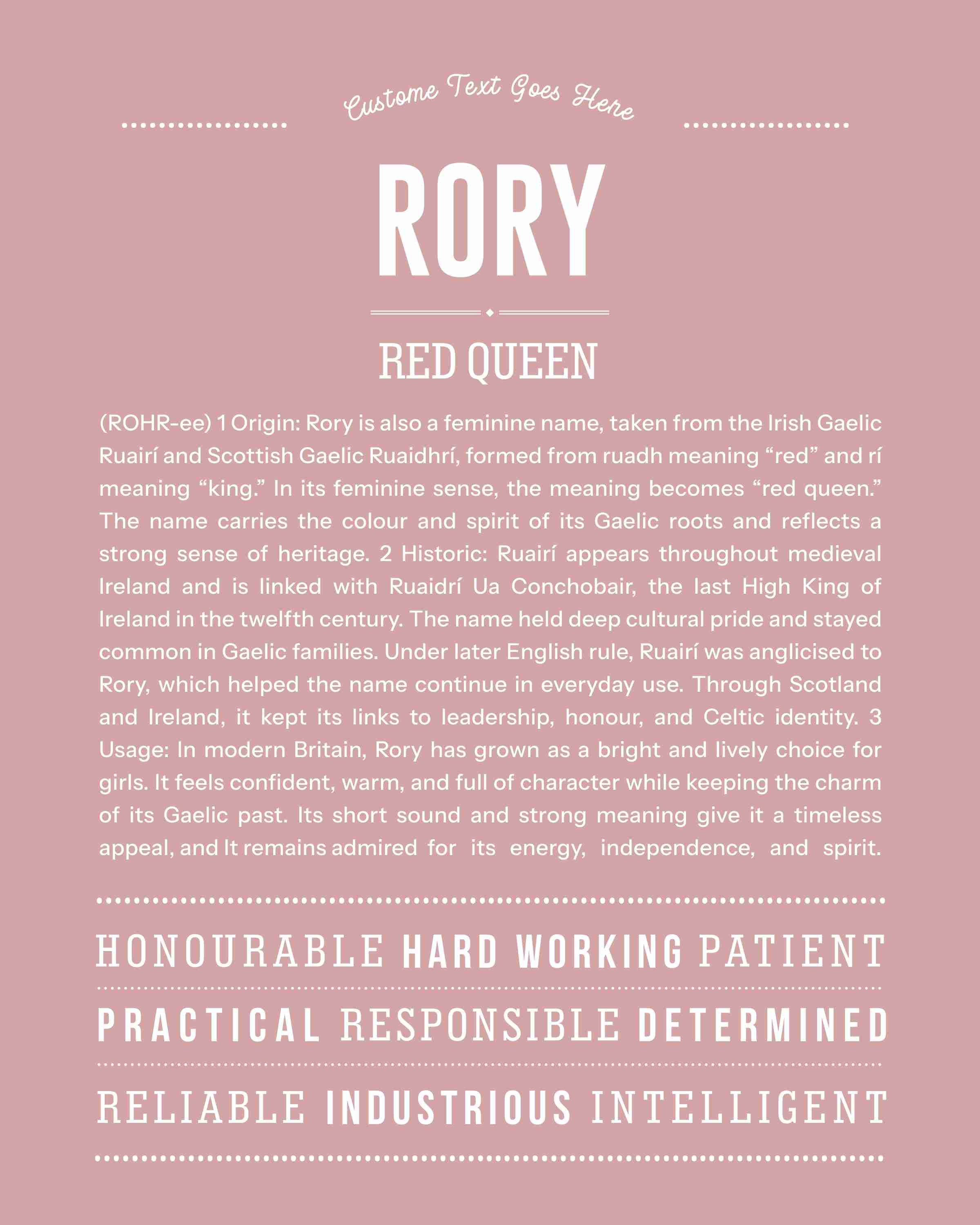 Rory (female) | Personalised Name Meaning Print – Custom Name Art Gift