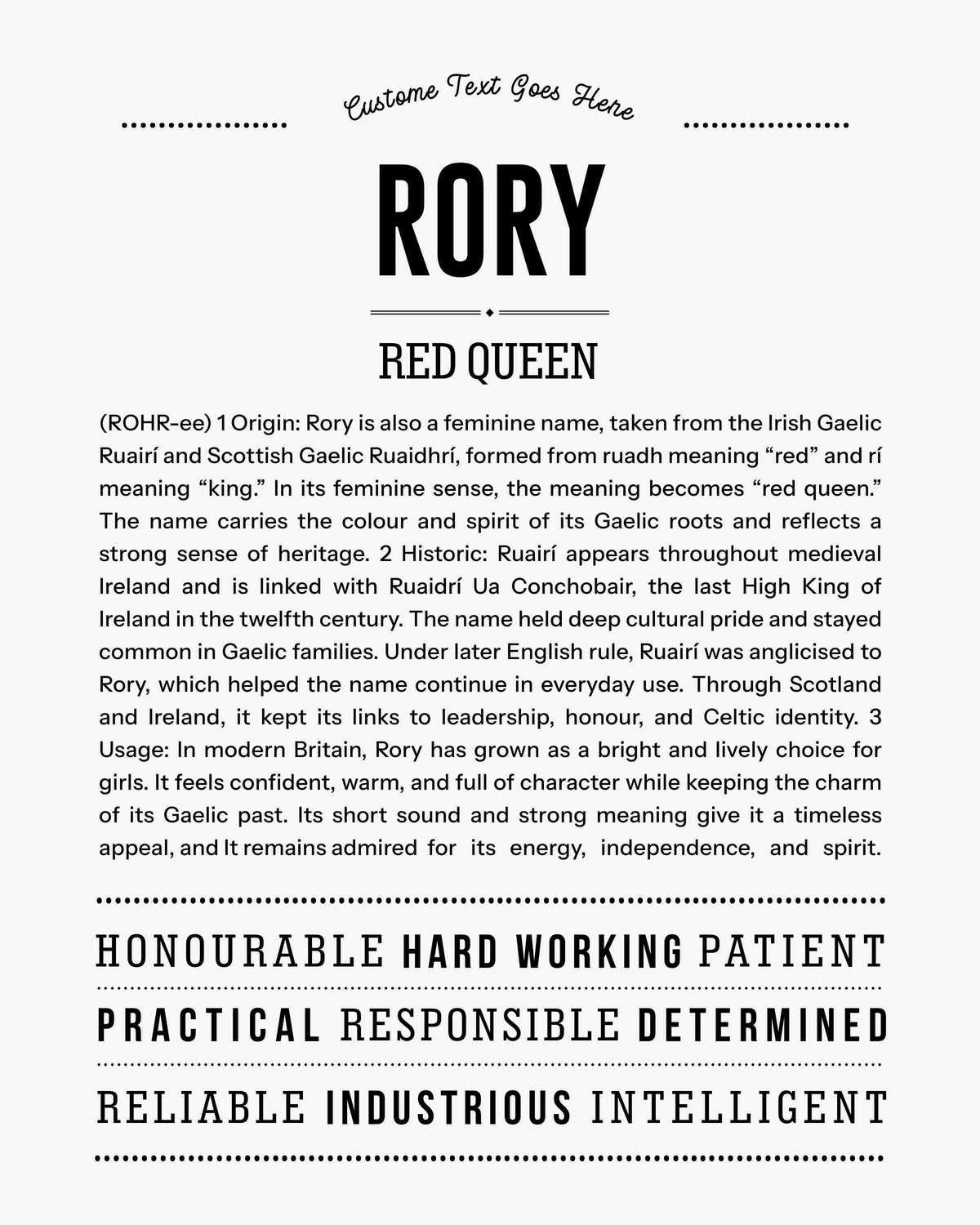 Rory (Female) Personalized Name Meaning Classic Art Print – Name Stories UK