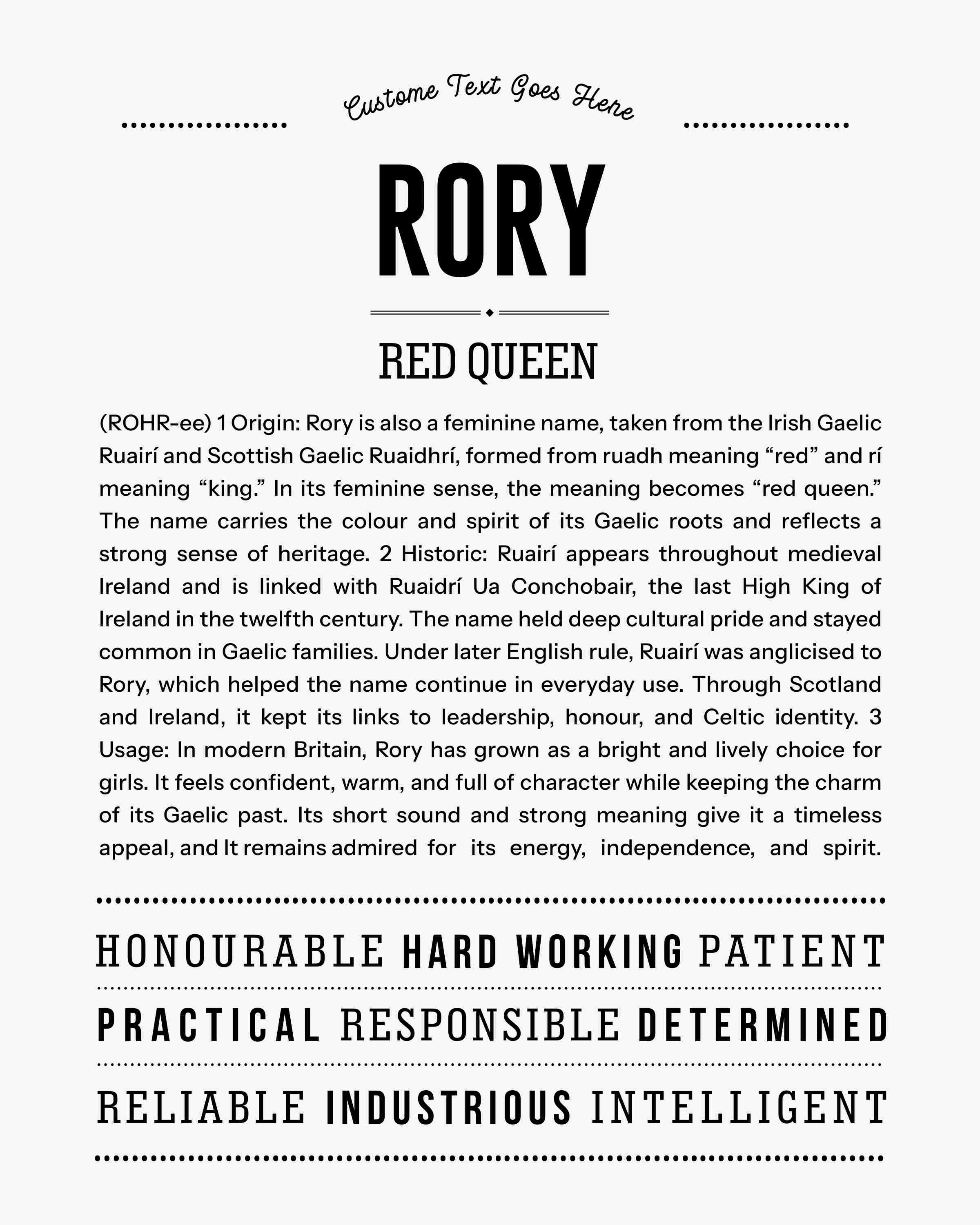 Rory (female) | Personalised Name Meaning Print – Custom Name Art Gift