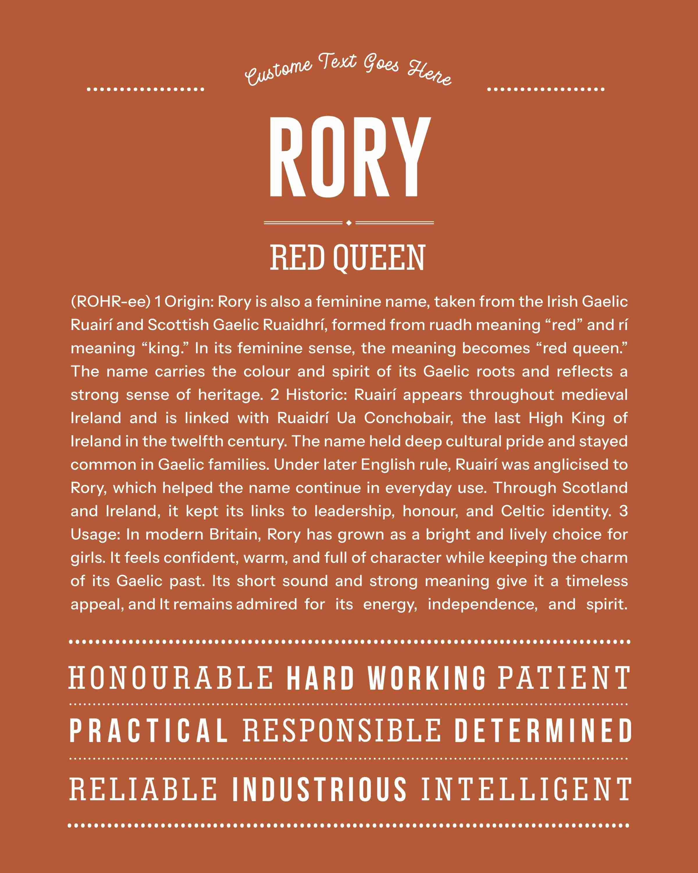 Rory (female) | Personalised Name Meaning Print – Custom Name Art Gift