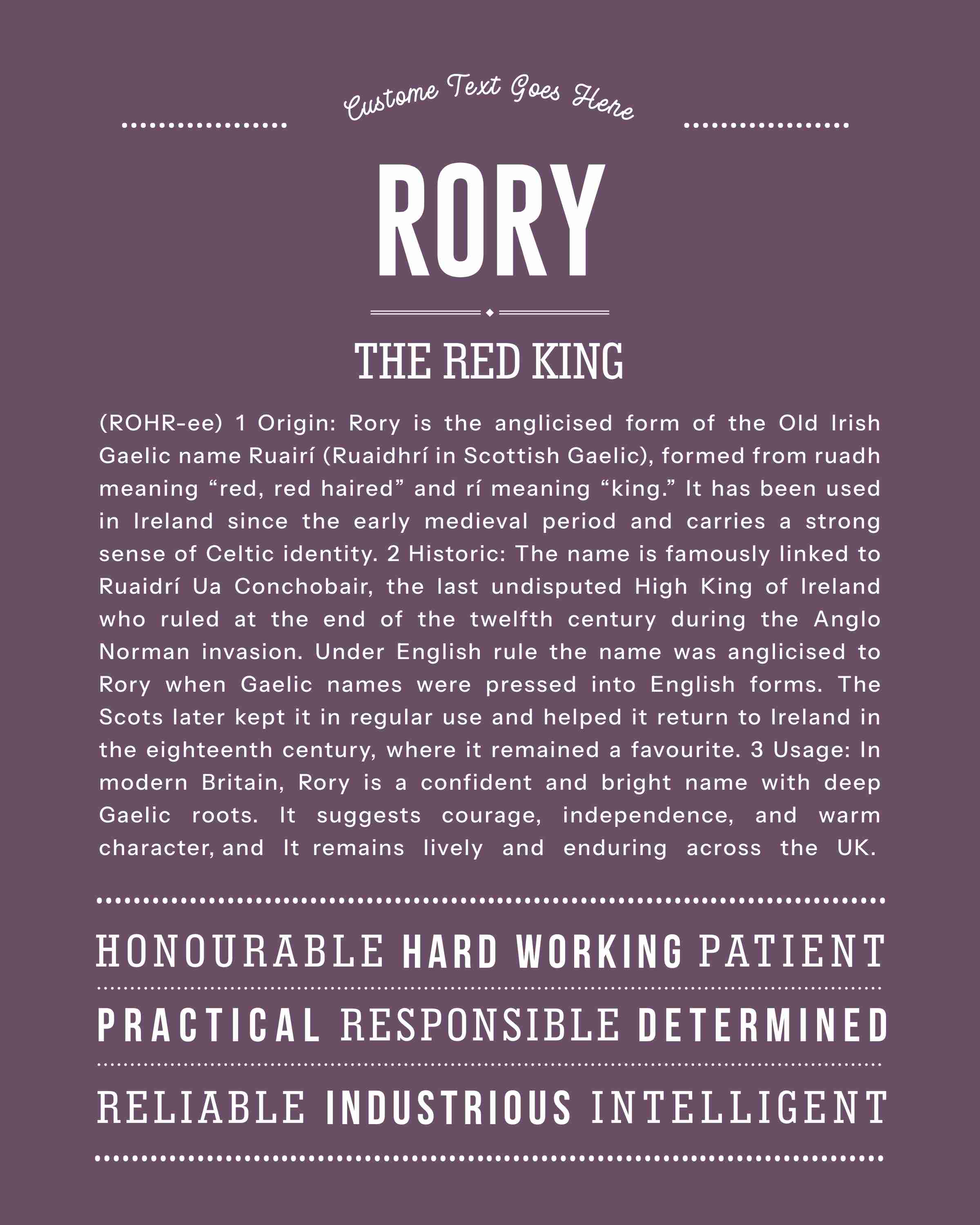 Rory (male) | Personalised Name Meaning Print – Custom Name Art Gift