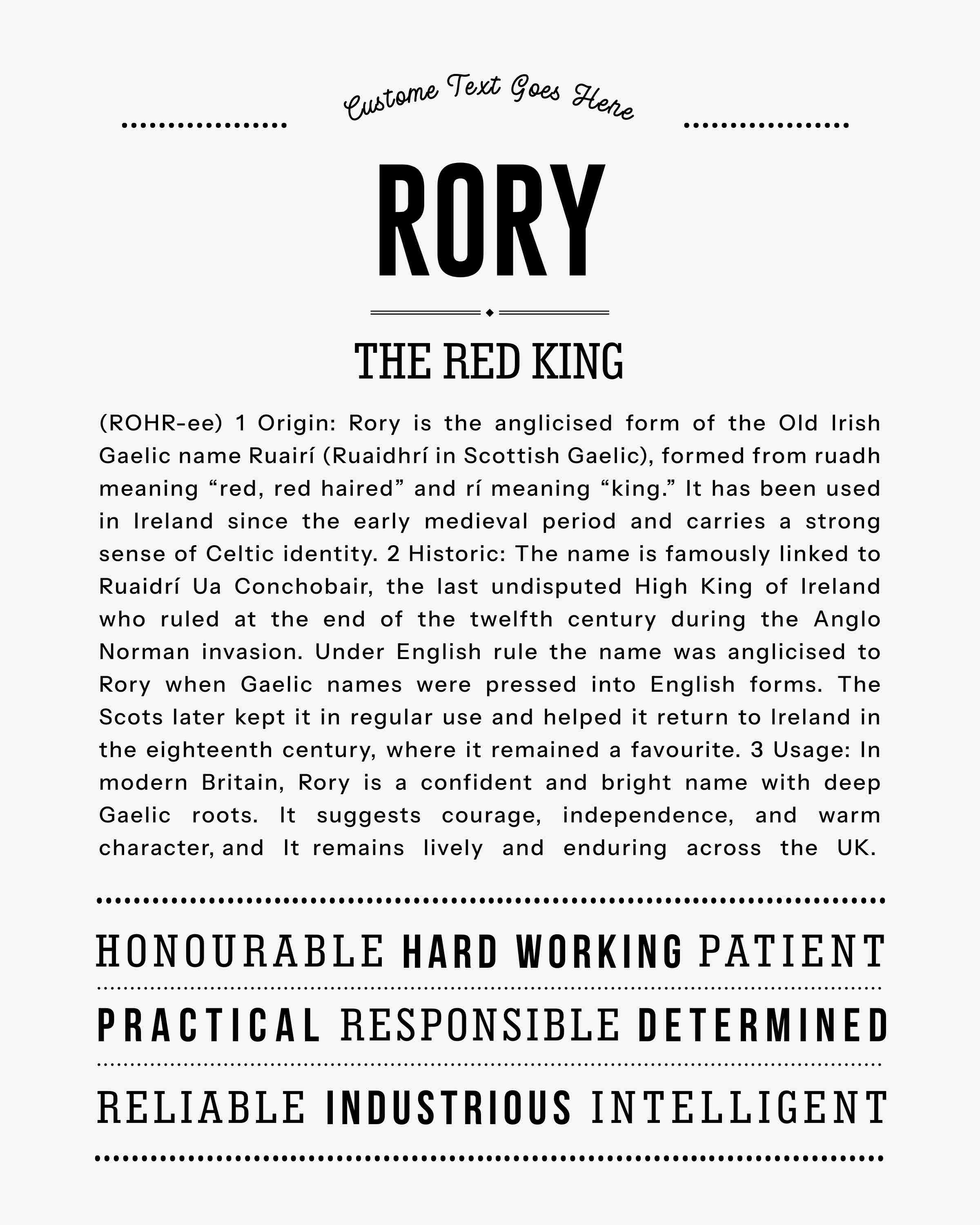 Rory (male) | Personalised Name Meaning Print – Custom Name Art Gift