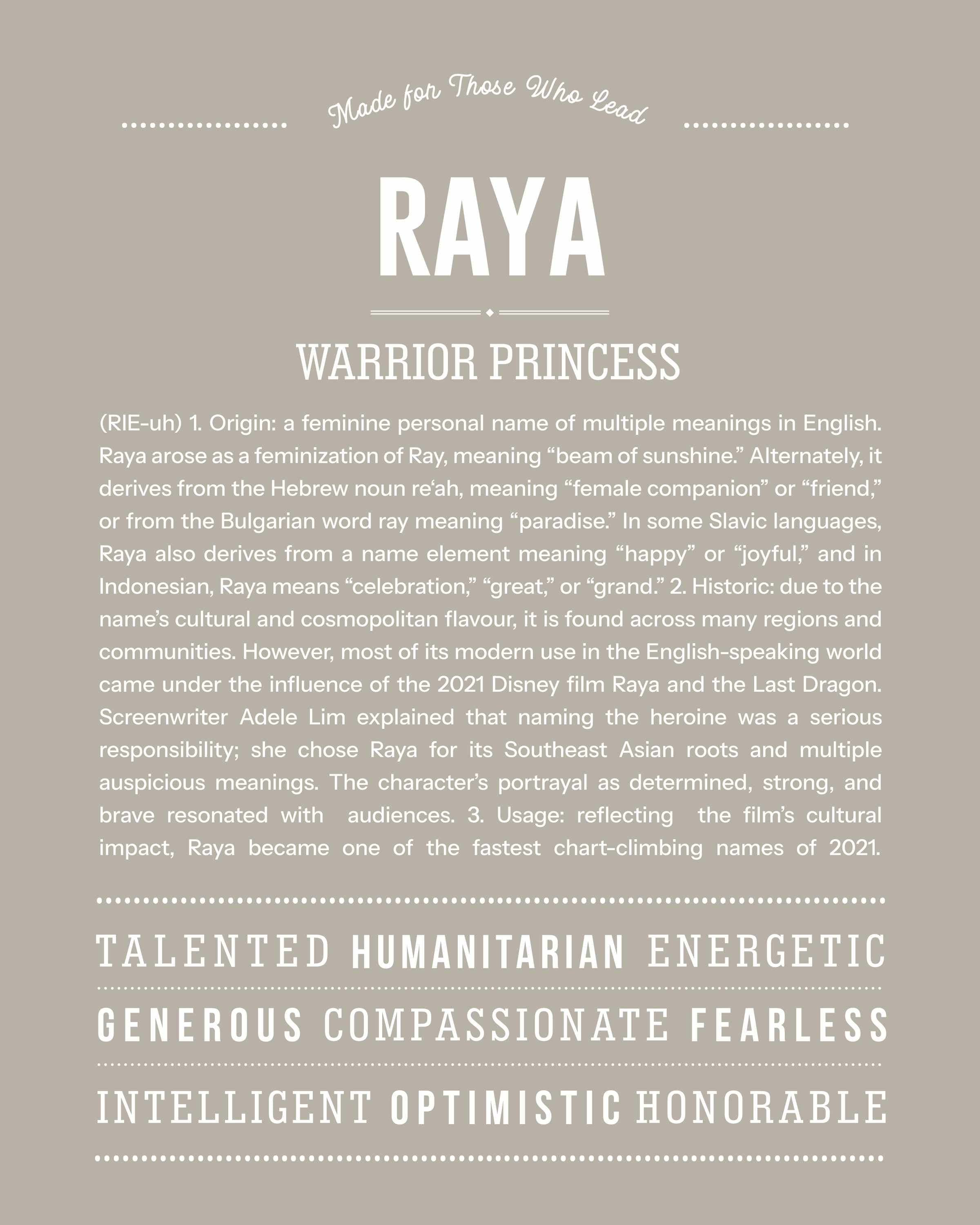 Raya | Personalised Name Meaning Print – Custom Name Art Gift