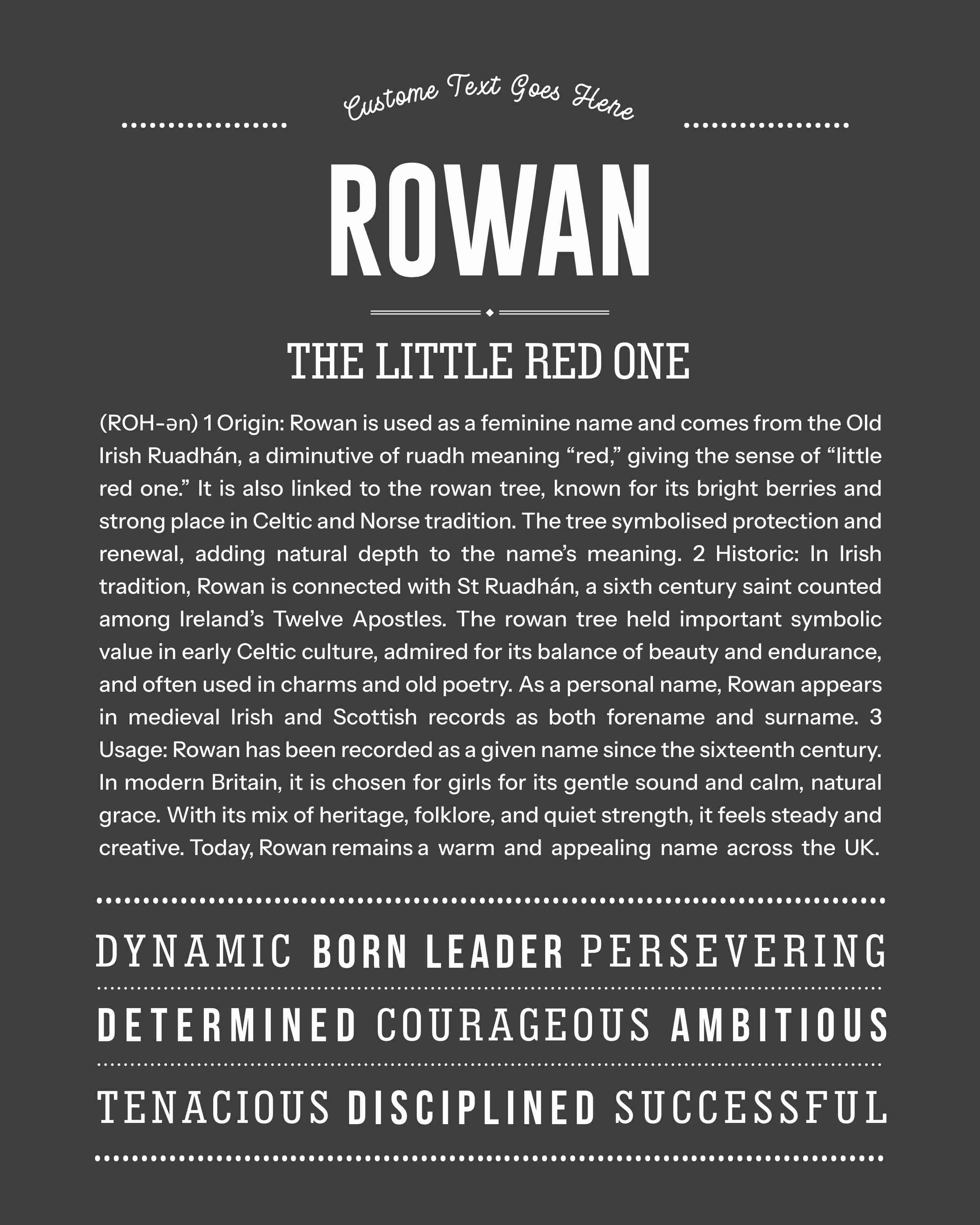 Rowan (female) | Personalised Name Meaning Print – Custom Name Art Gift