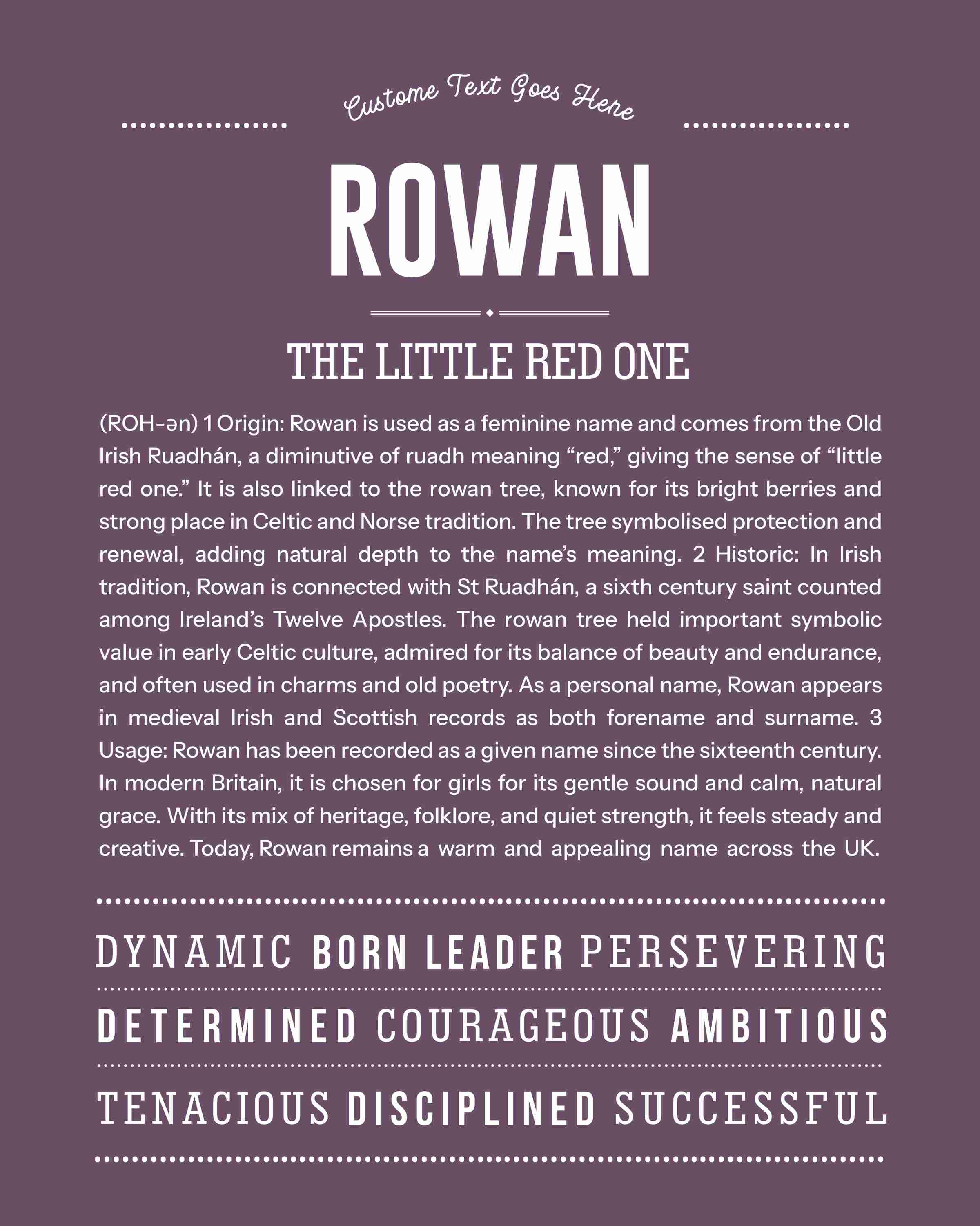 Rowan (female) | Personalised Name Meaning Print – Custom Name Art Gift