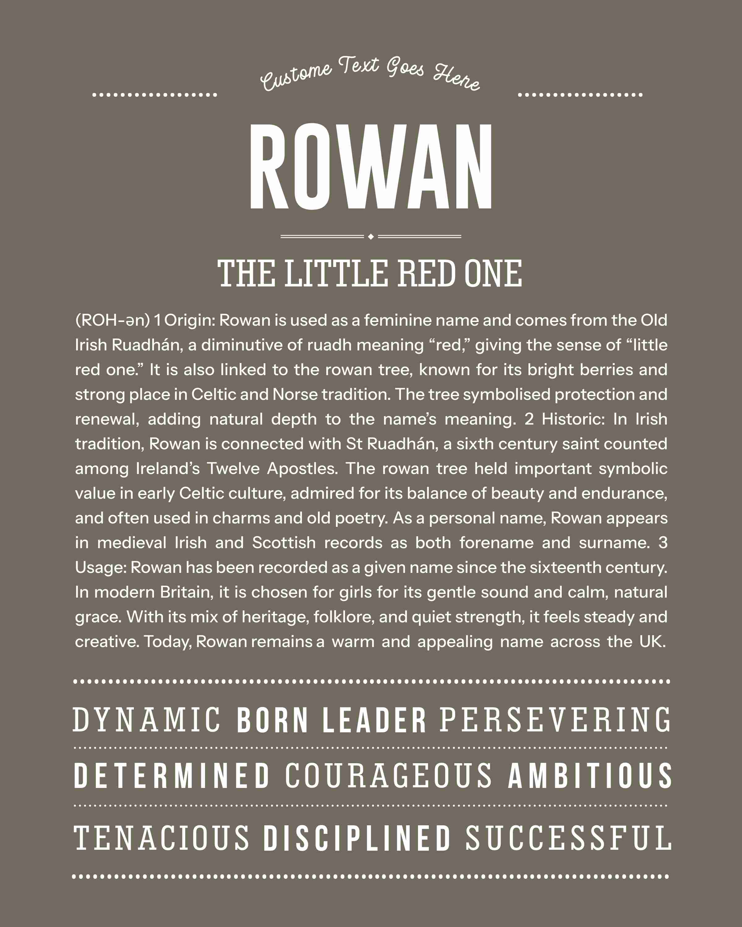 Rowan (female) | Personalised Name Meaning Print – Custom Name Art Gift
