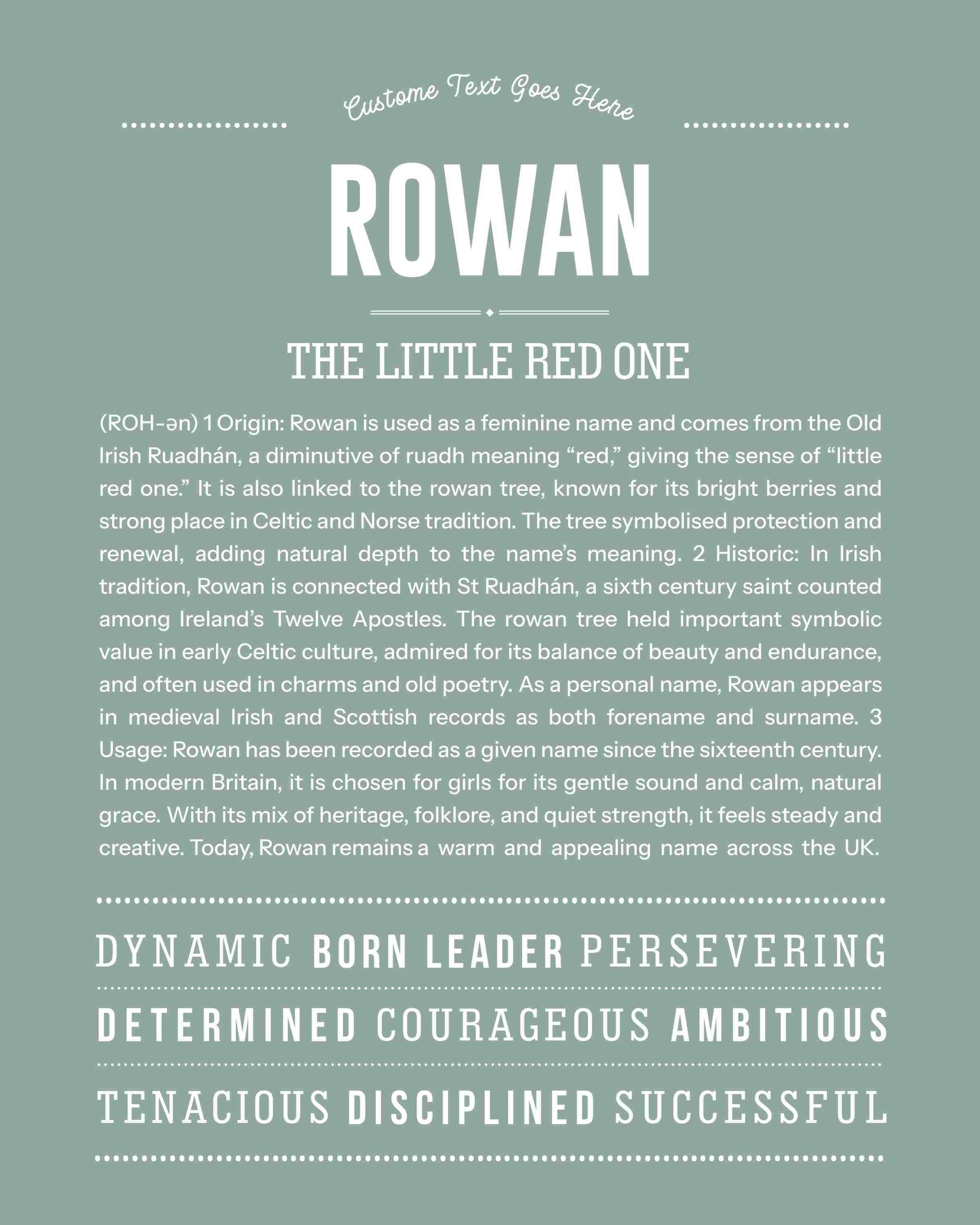 Rowan (female) | Personalised Name Meaning Print – Custom Name Art Gift