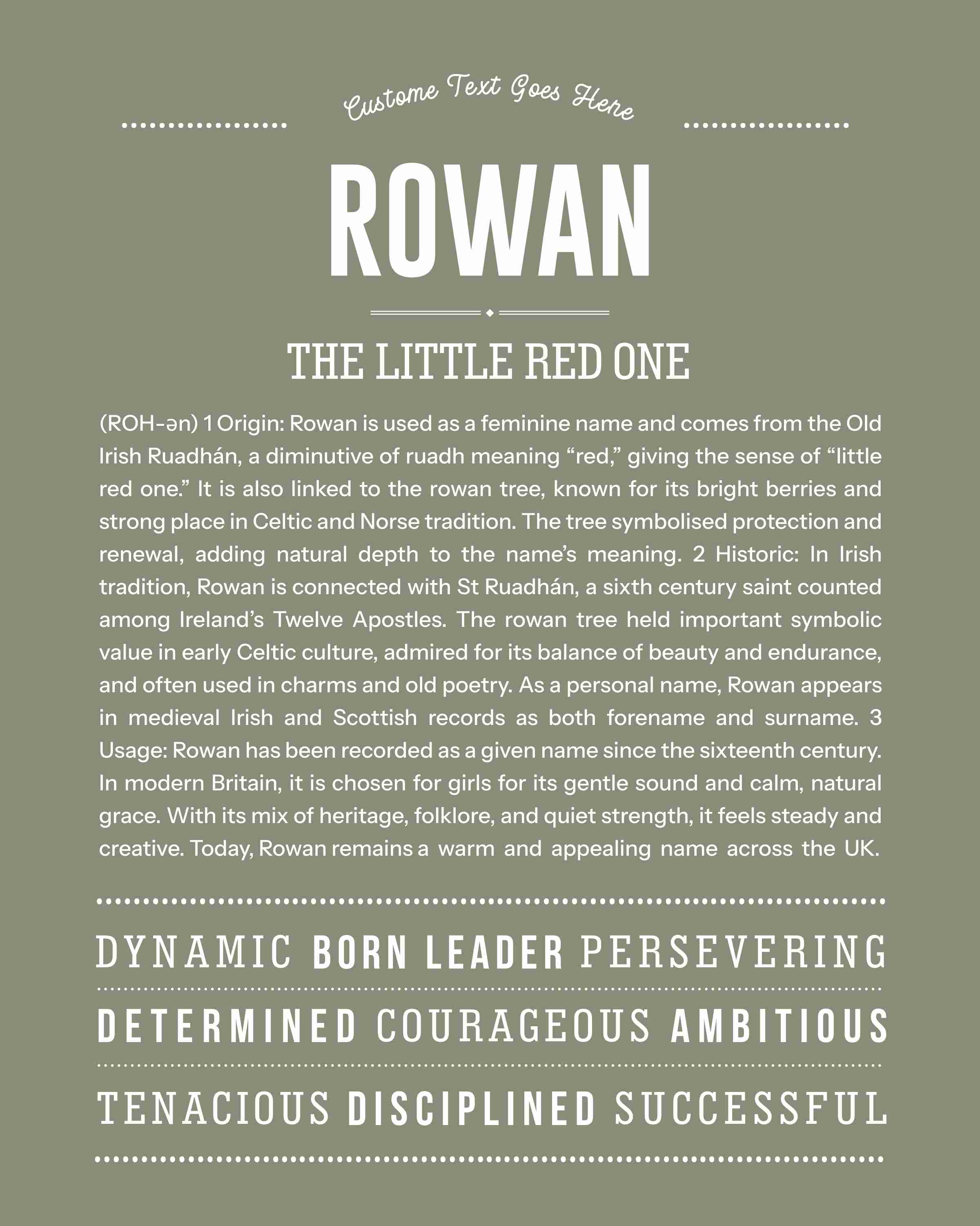 Rowan (female) | Personalised Name Meaning Print – Custom Name Art Gift