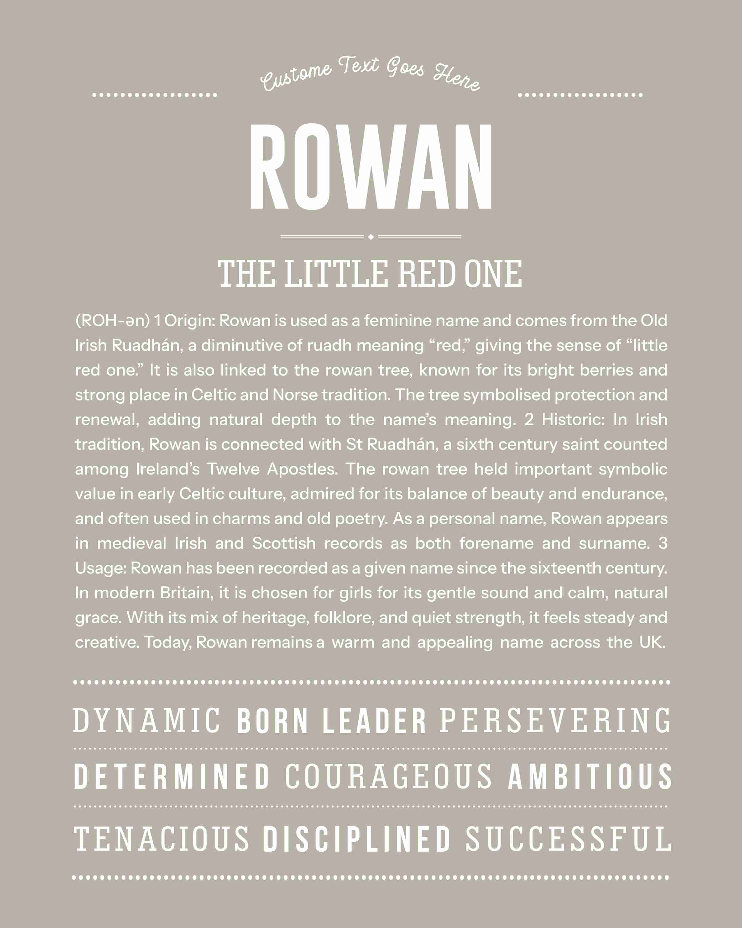 Rowan (female) | Personalised Name Meaning Print – Custom Name Art Gift