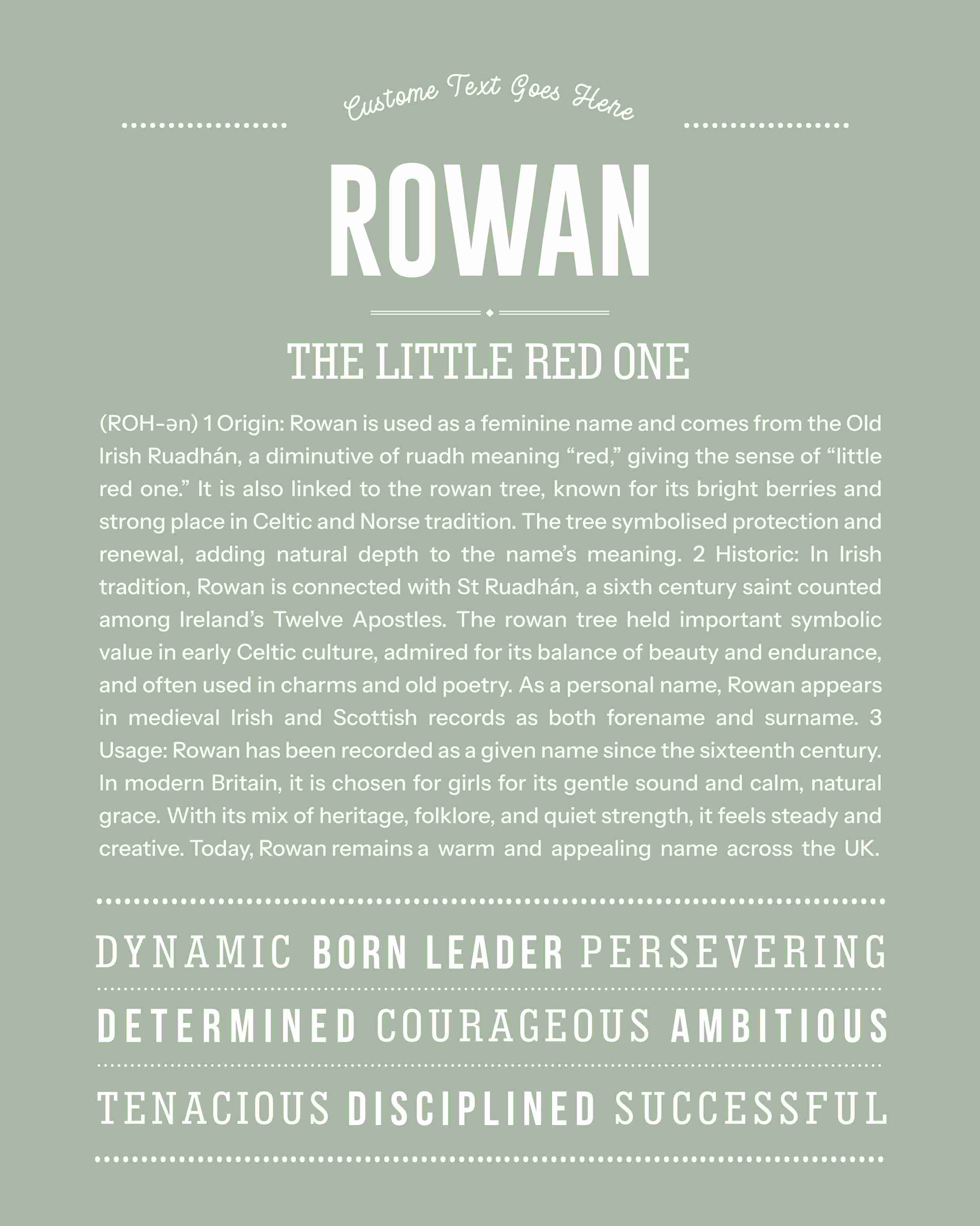 Rowan (female) | Personalised Name Meaning Print – Custom Name Art Gift