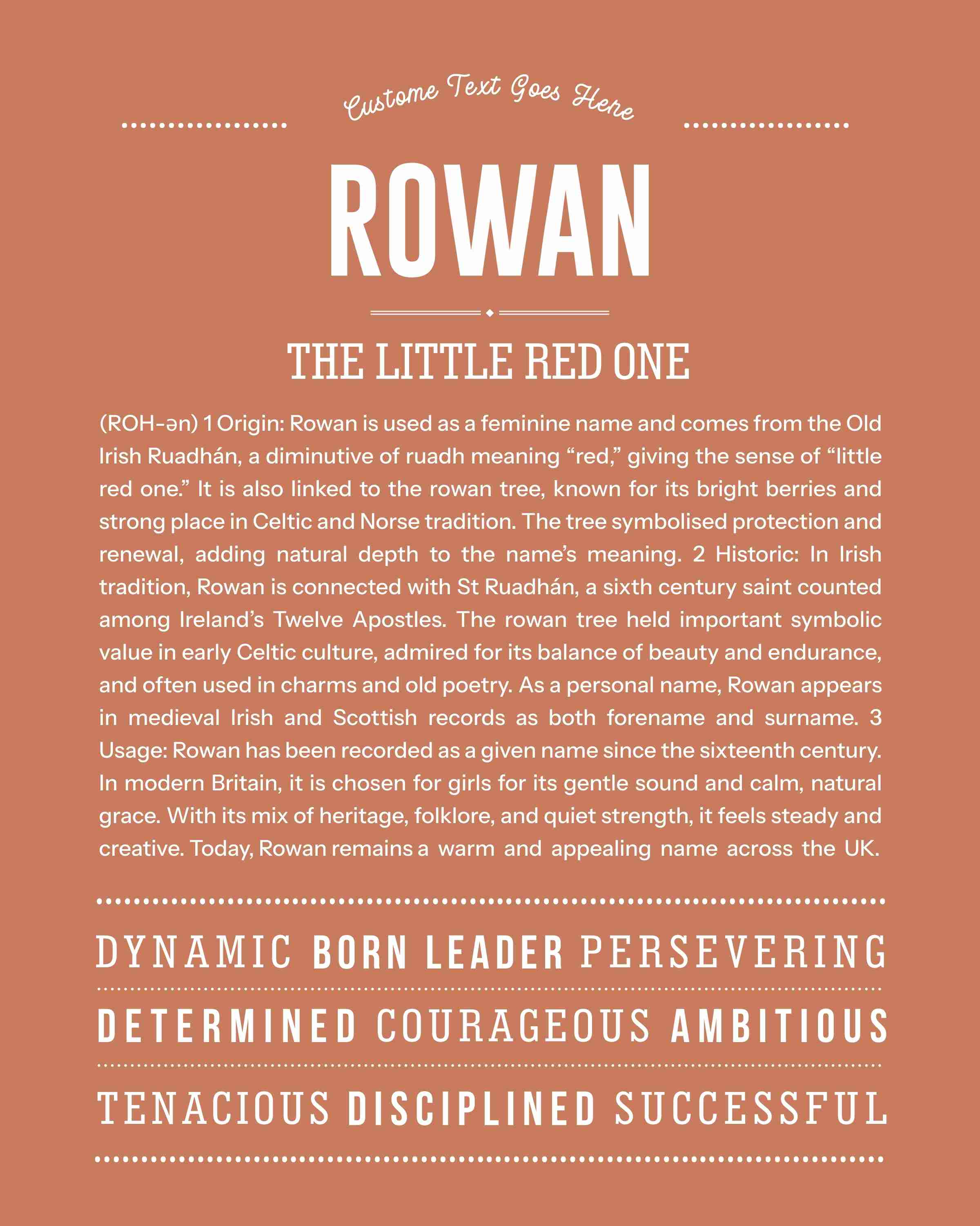 Rowan (female) | Personalised Name Meaning Print – Custom Name Art Gift