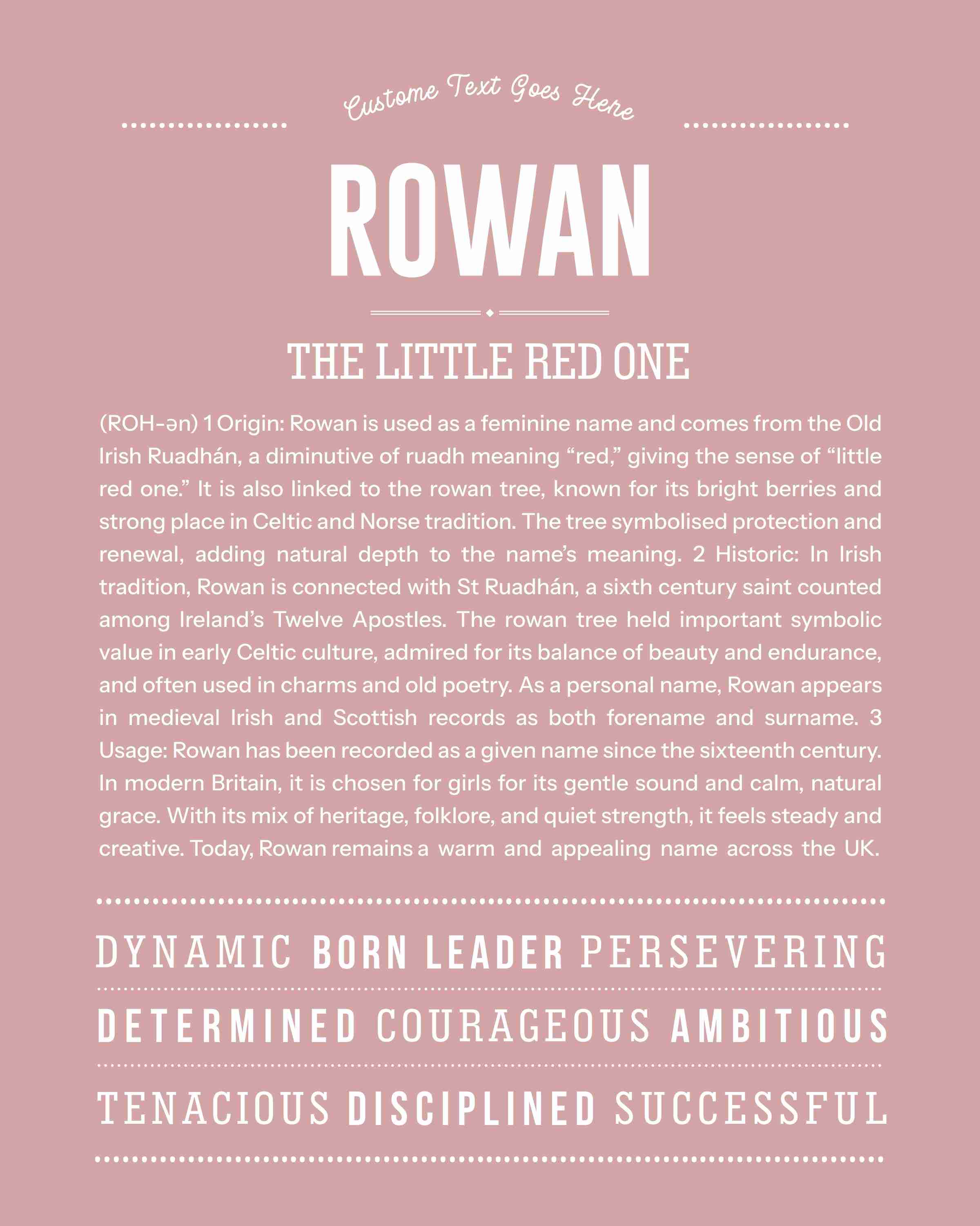 Rowan (female) | Personalised Name Meaning Print – Custom Name Art Gift
