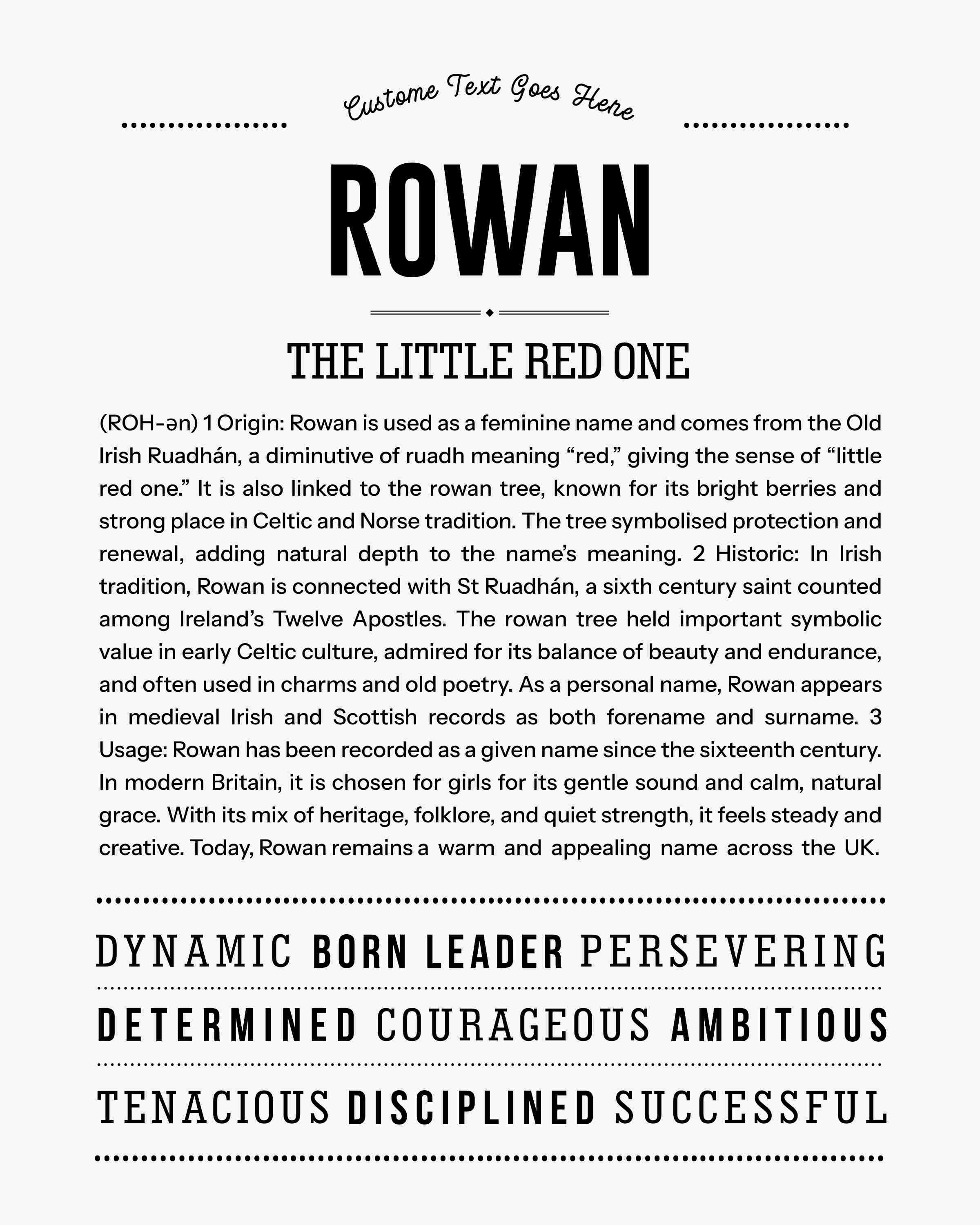 Rowan (female) | Personalised Name Meaning Print – Custom Name Art Gift