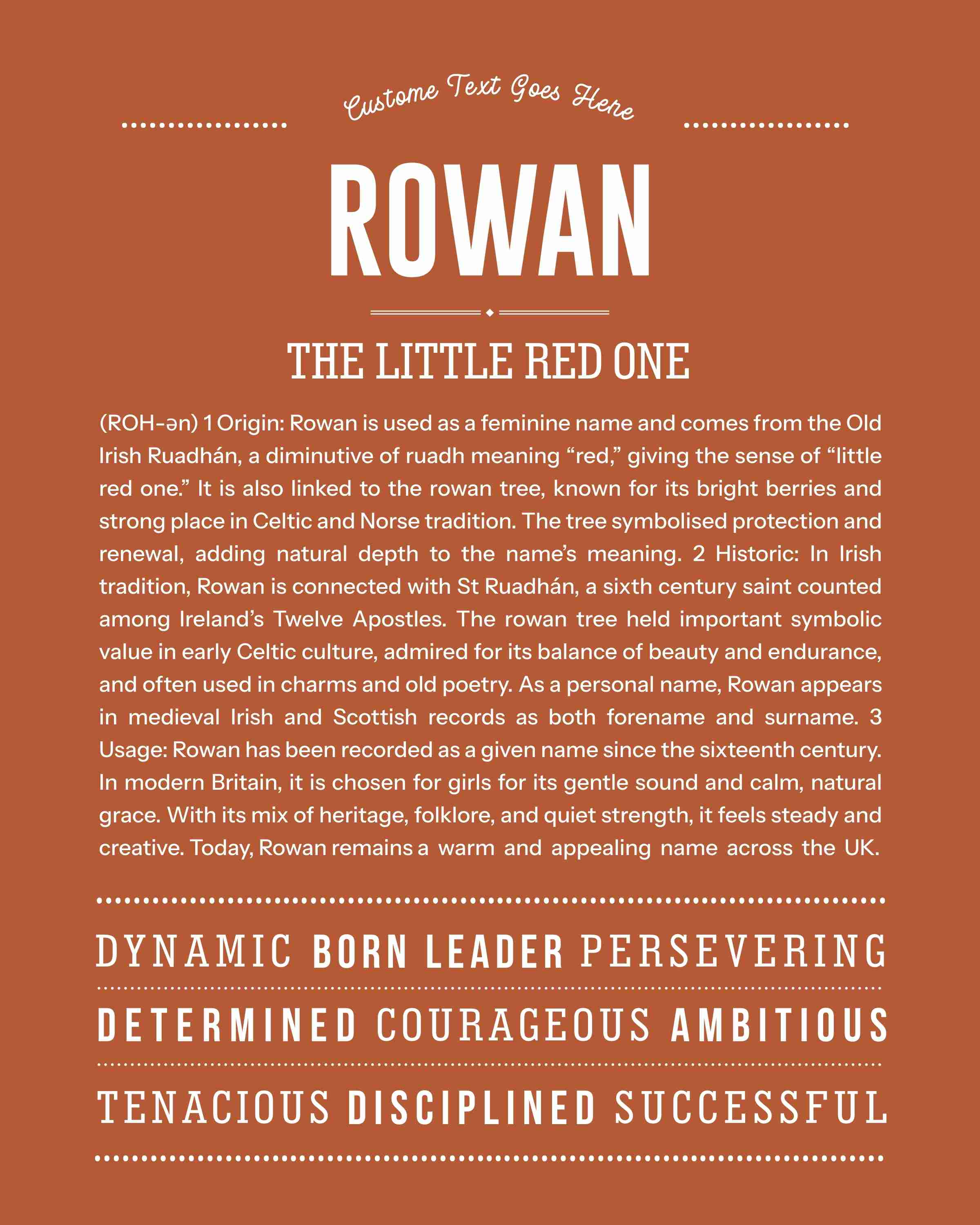 Rowan (female) | Personalised Name Meaning Print – Custom Name Art Gift