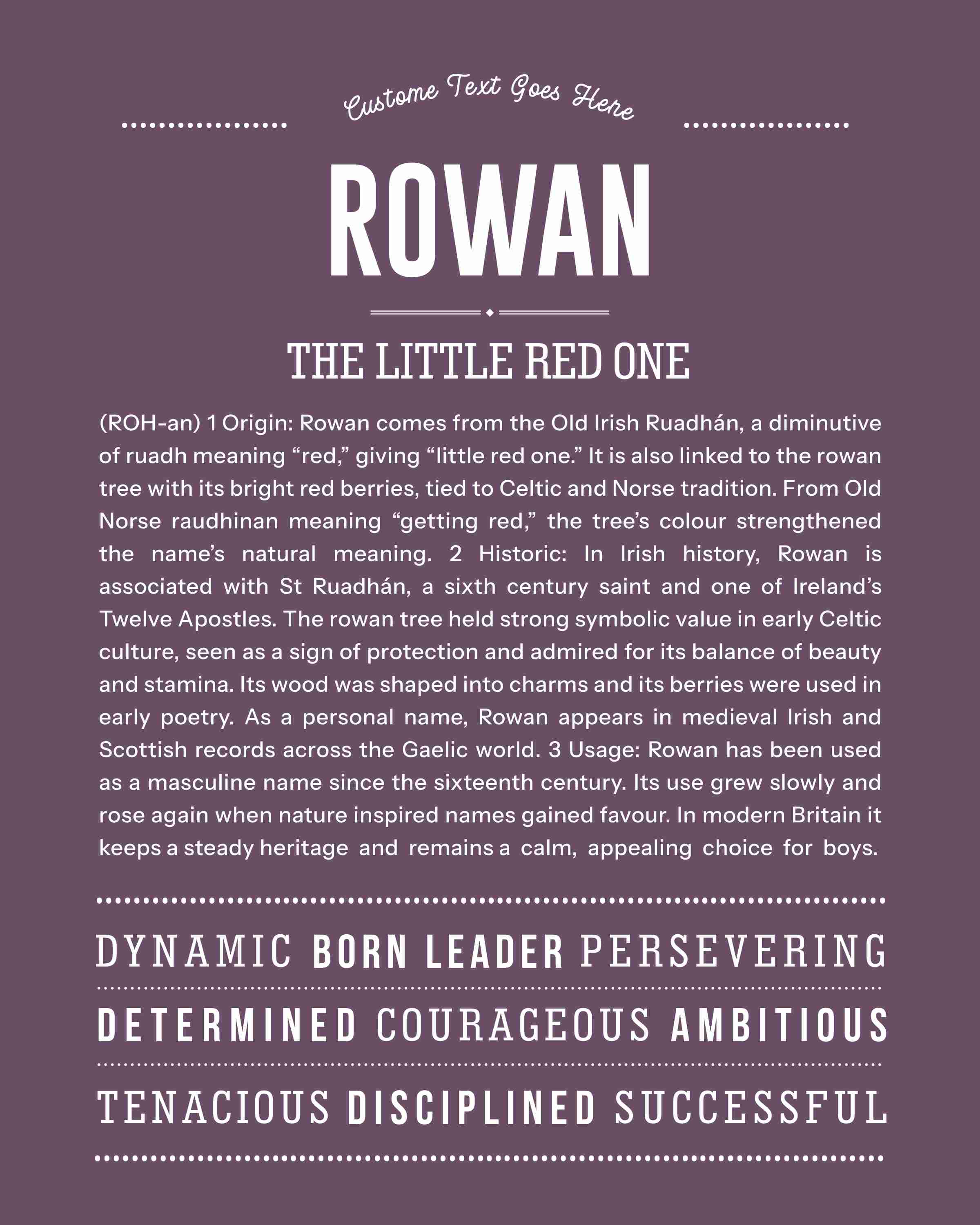 Rowan (male) | Personalised Name Meaning Print – Custom Name Art Gift