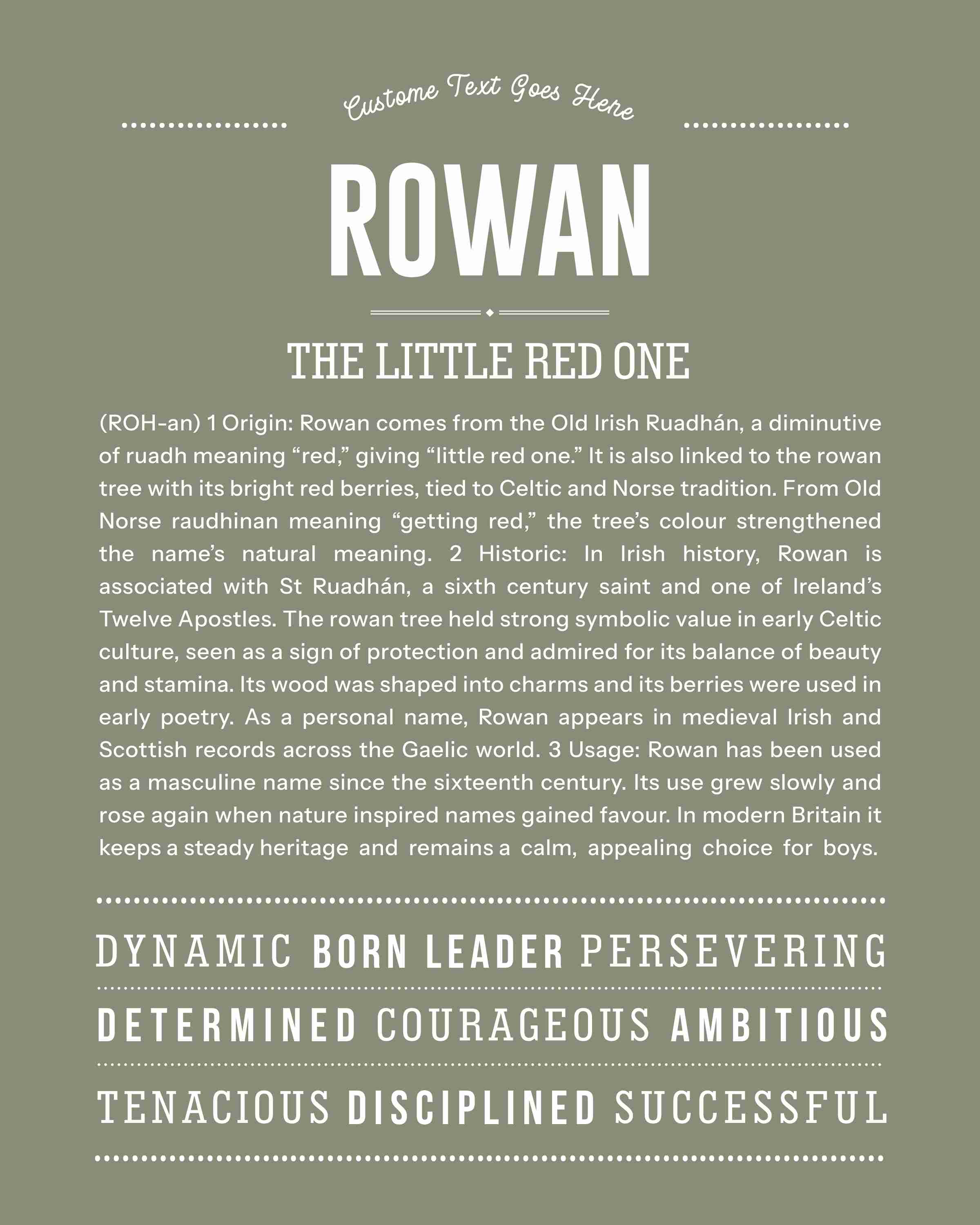 Rowan (male) | Personalised Name Meaning Print – Custom Name Art Gift