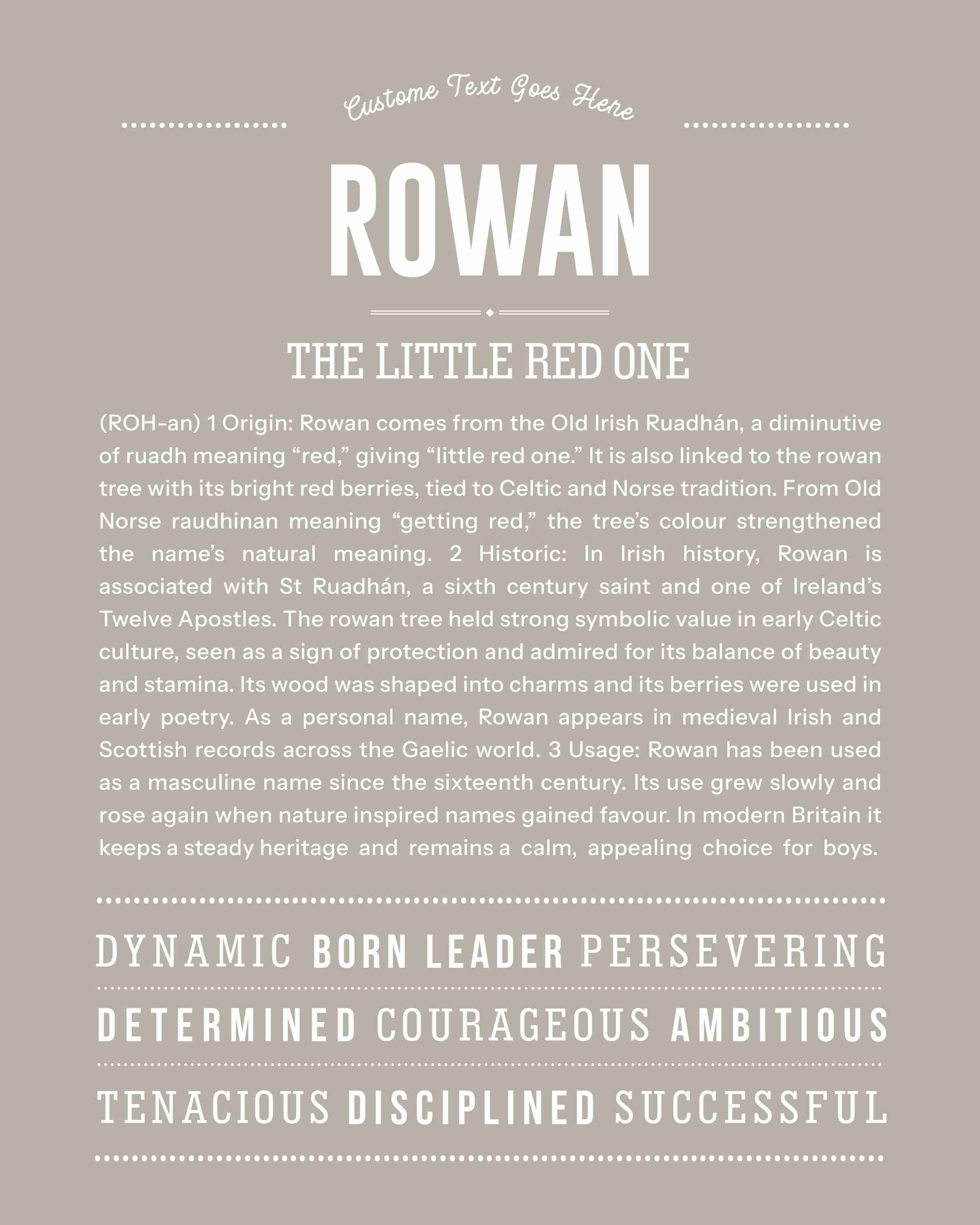 Rowan (male) | Personalised Name Meaning Print – Custom Name Art Gift