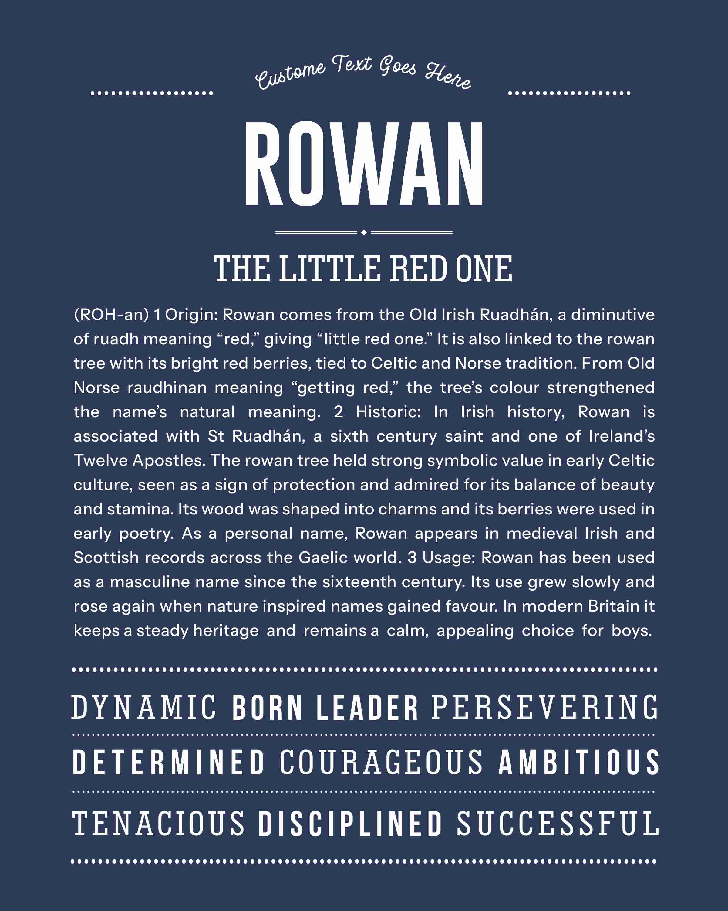 Rowan (male) | Personalised Name Meaning Print – Custom Name Art Gift