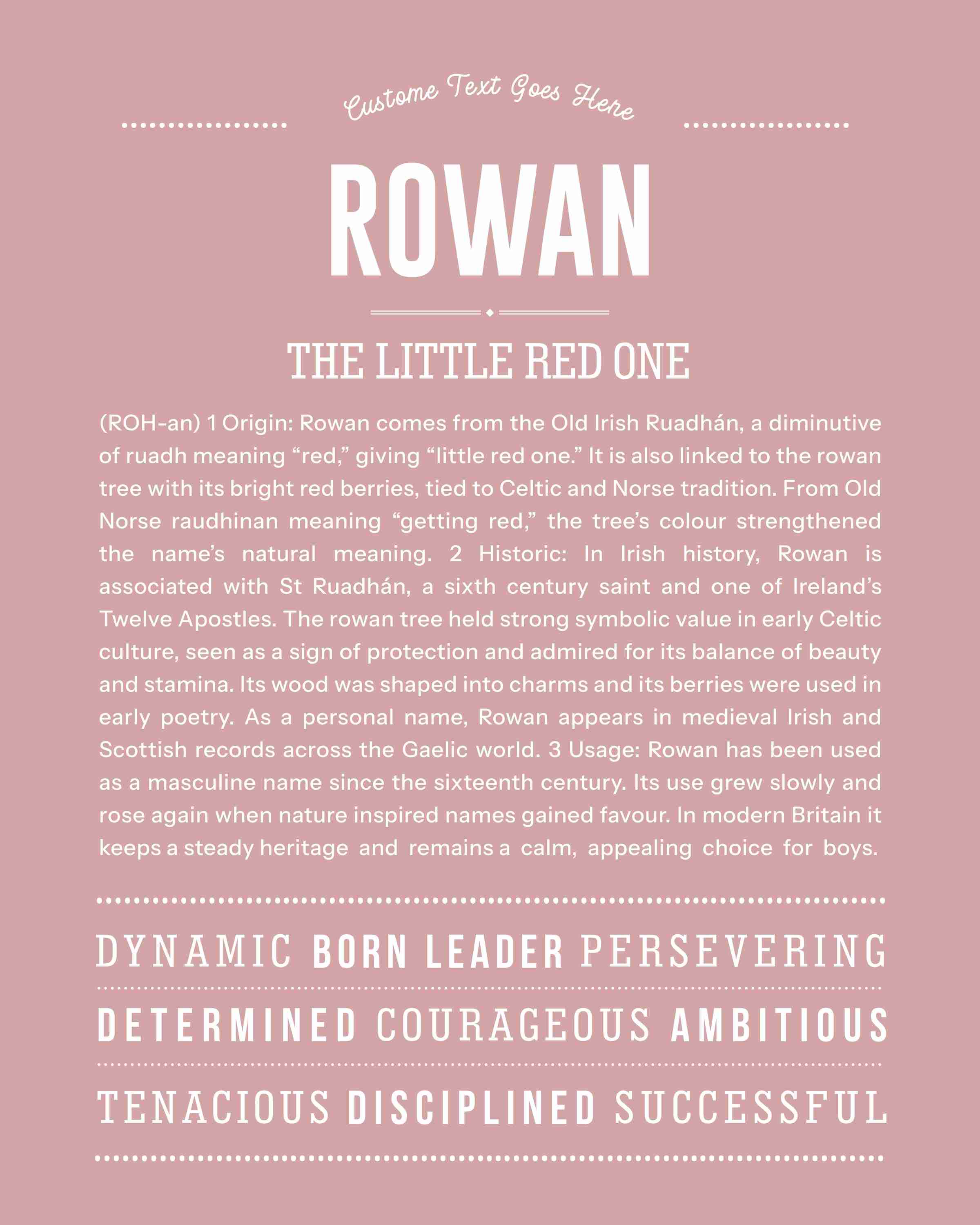 Rowan (male) | Personalised Name Meaning Print – Custom Name Art Gift