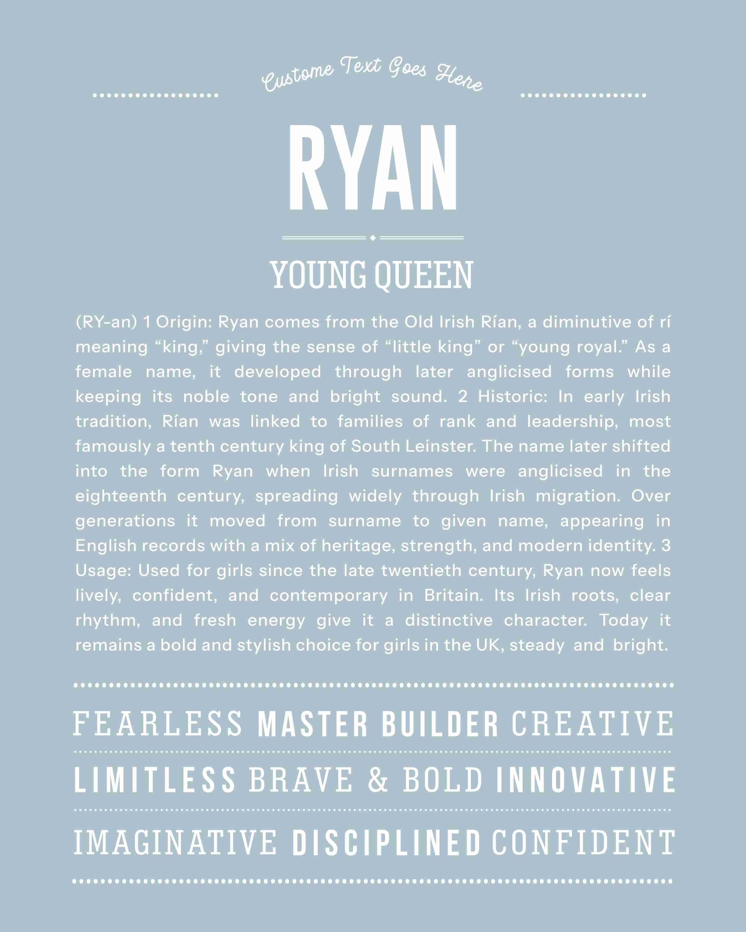 Ryan (female) | Personalised Name Meaning Print – Custom Name Art Gift