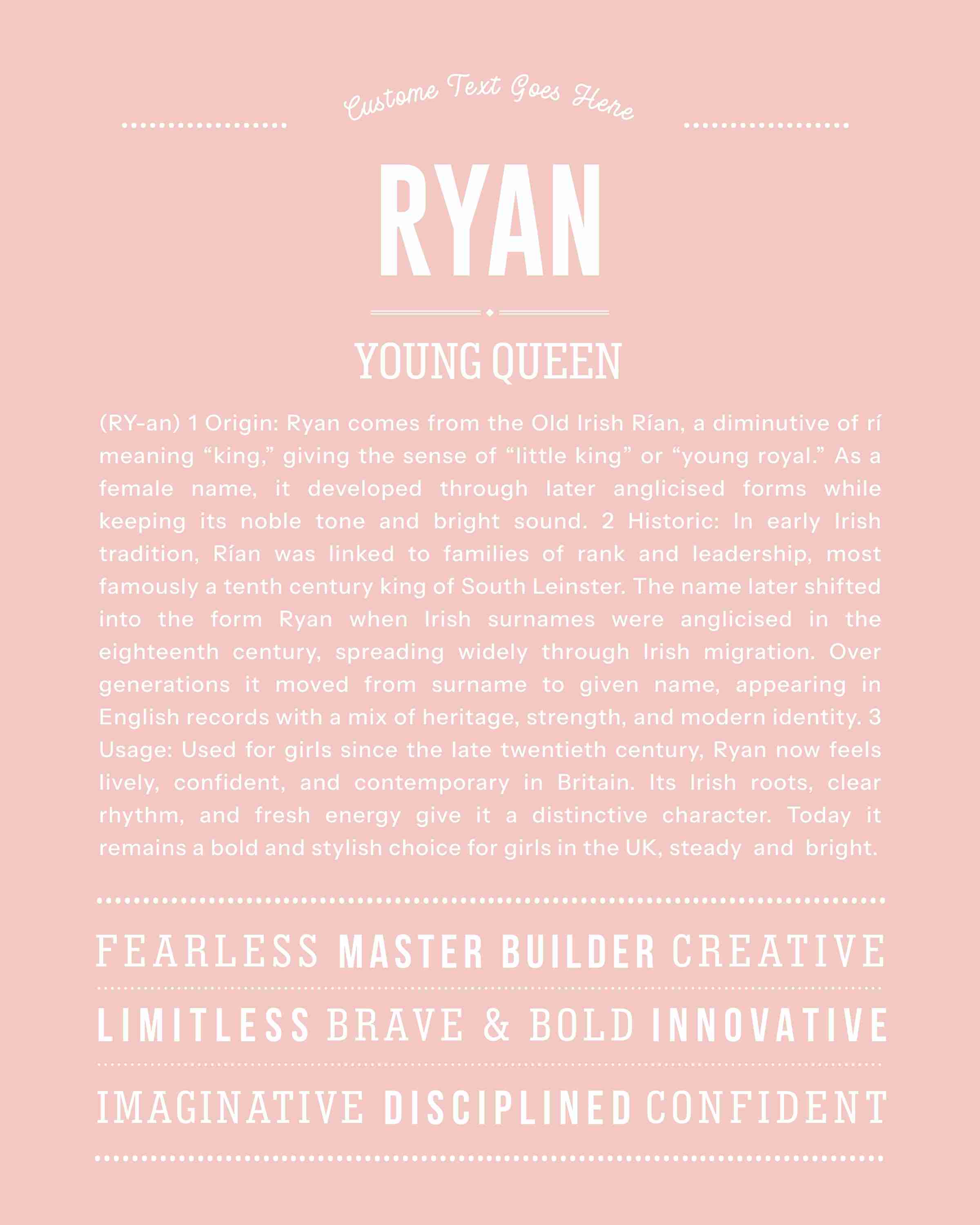 Ryan (female) | Personalised Name Meaning Print – Custom Name Art Gift