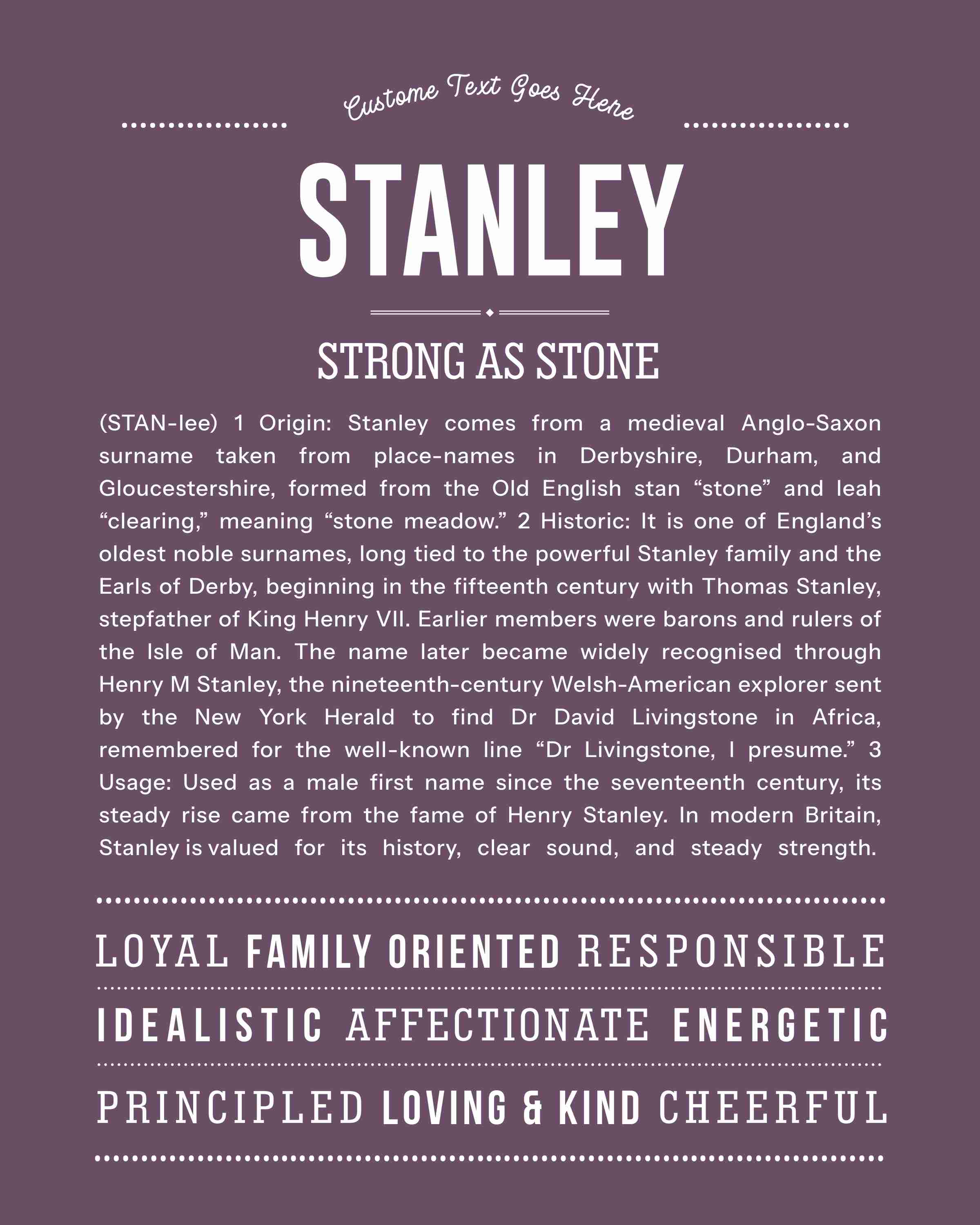 Stanley | Personalised Name Meaning Print – Custom Name Art Gift