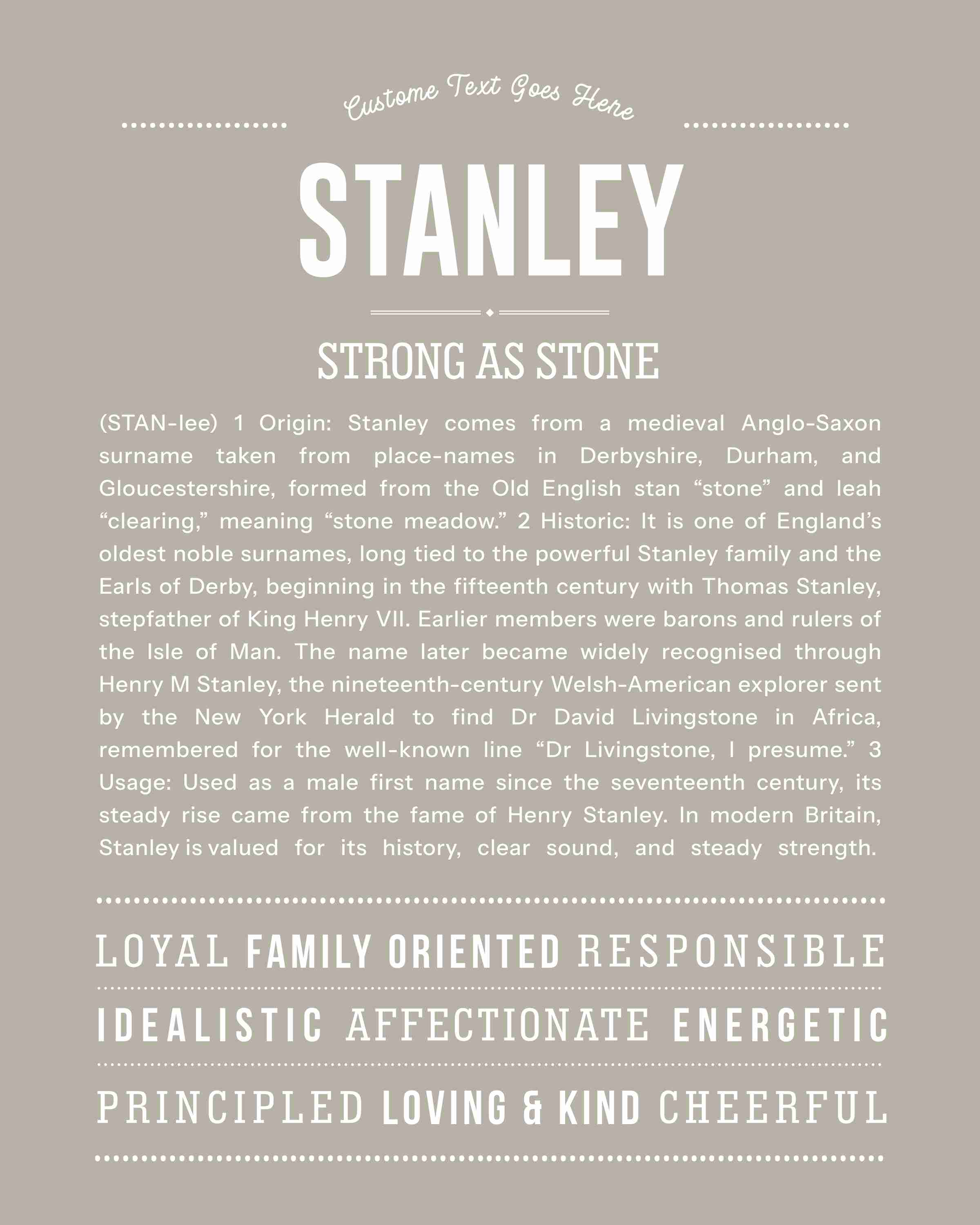 Stanley | Personalised Name Meaning Print – Custom Name Art Gift