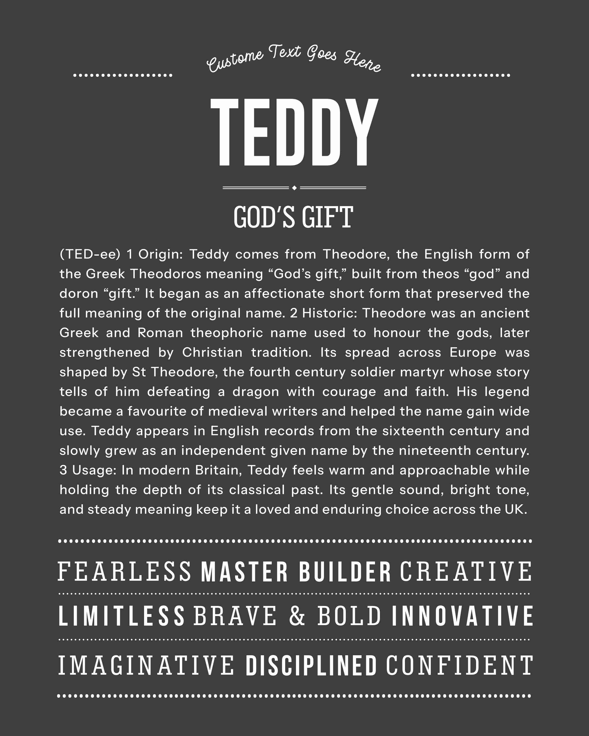 Teddy | Personalised Name Meaning Print – Custom Name Art Gift
