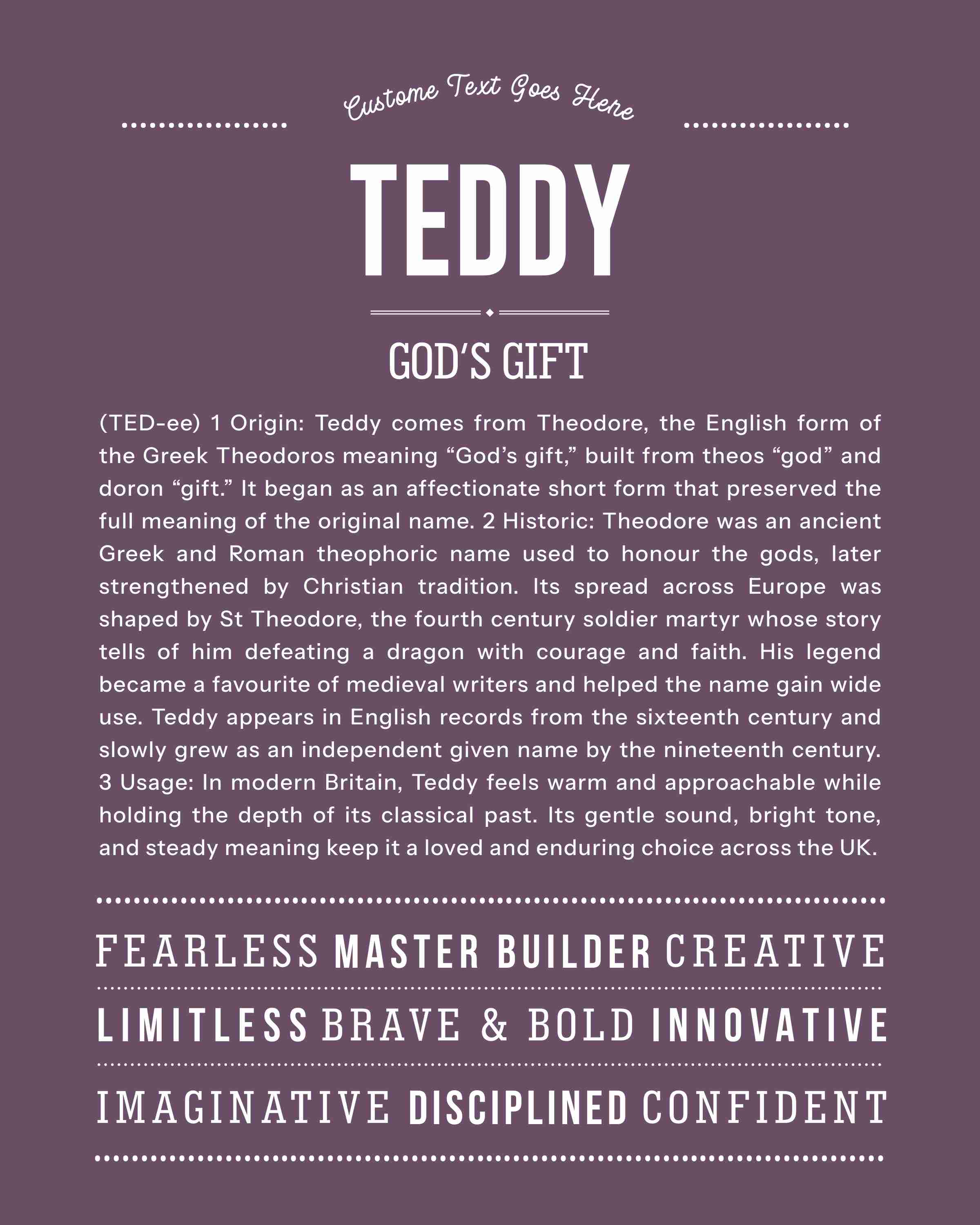 Teddy | Personalised Name Meaning Print – Custom Name Art Gift
