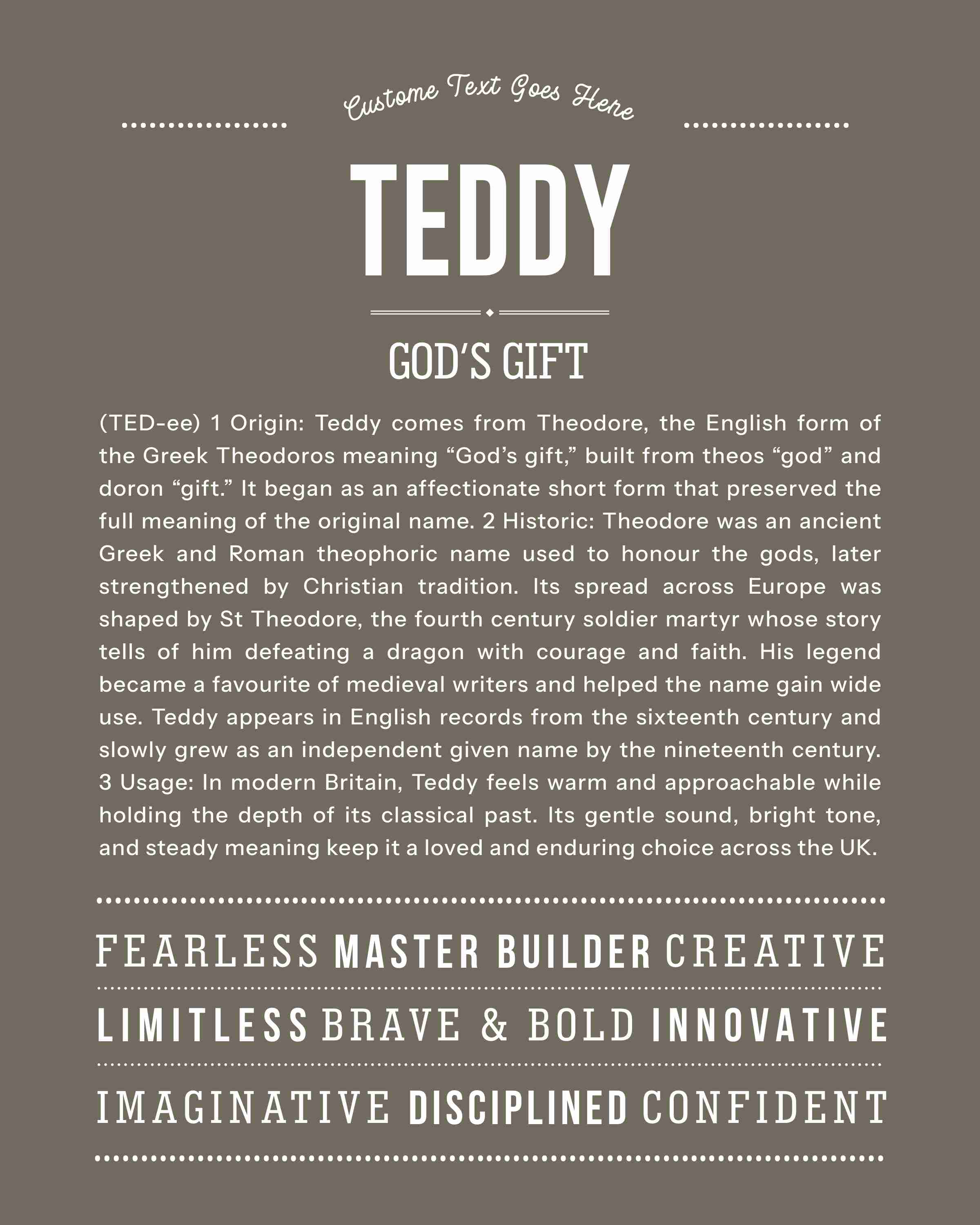 Teddy | Personalised Name Meaning Print – Custom Name Art Gift