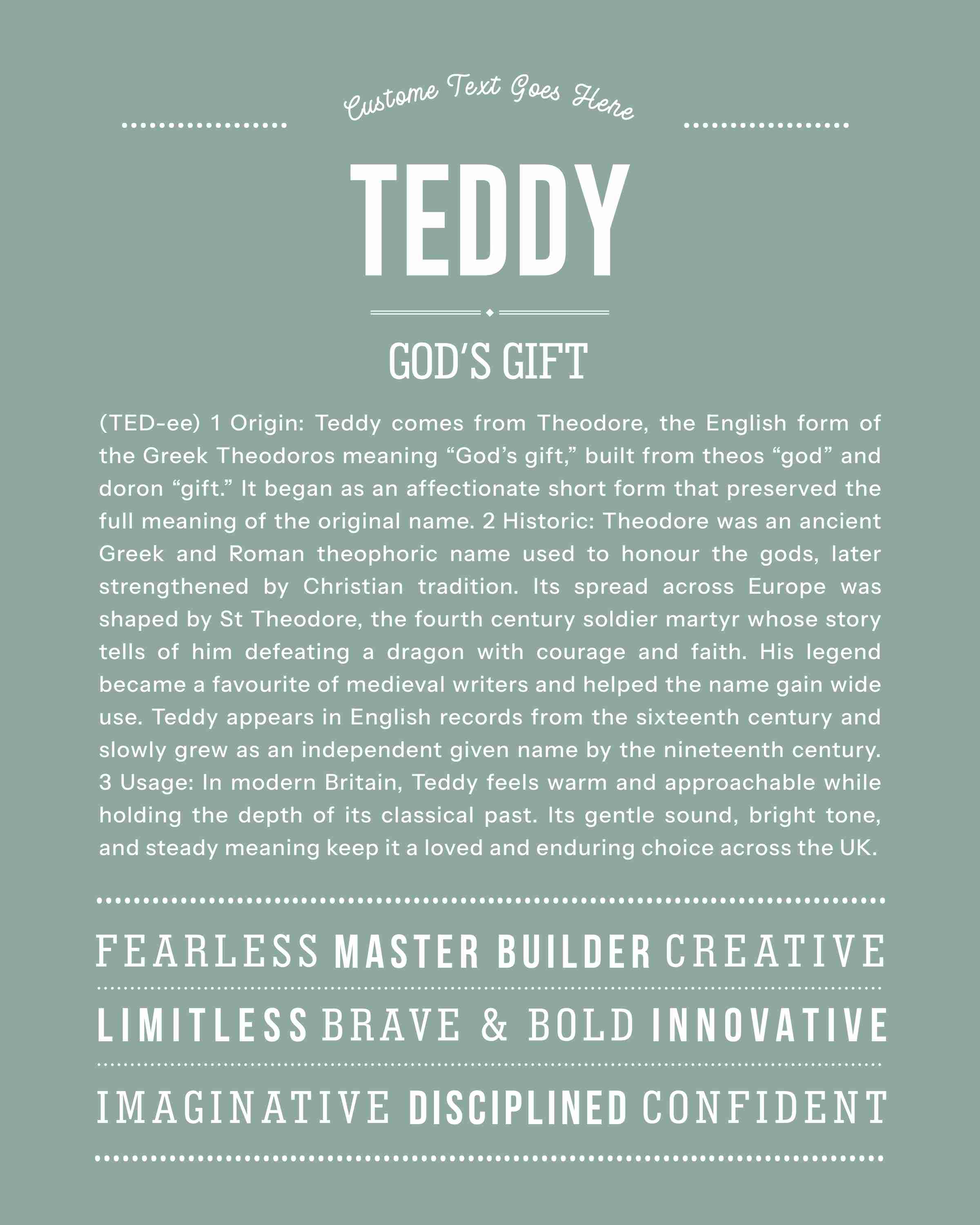 Teddy | Personalised Name Meaning Print – Custom Name Art Gift