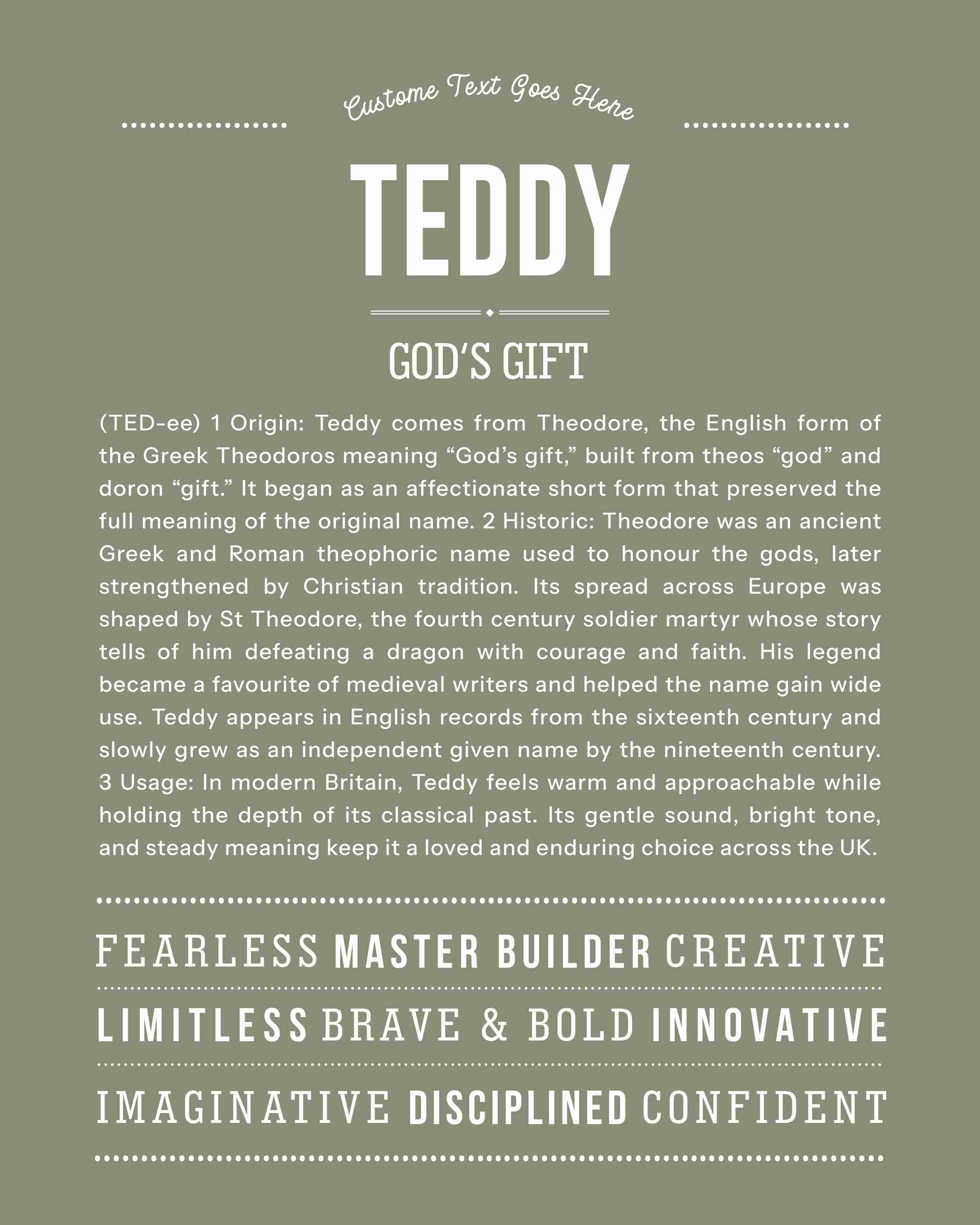 Teddy | Personalised Name Meaning Print – Custom Name Art Gift