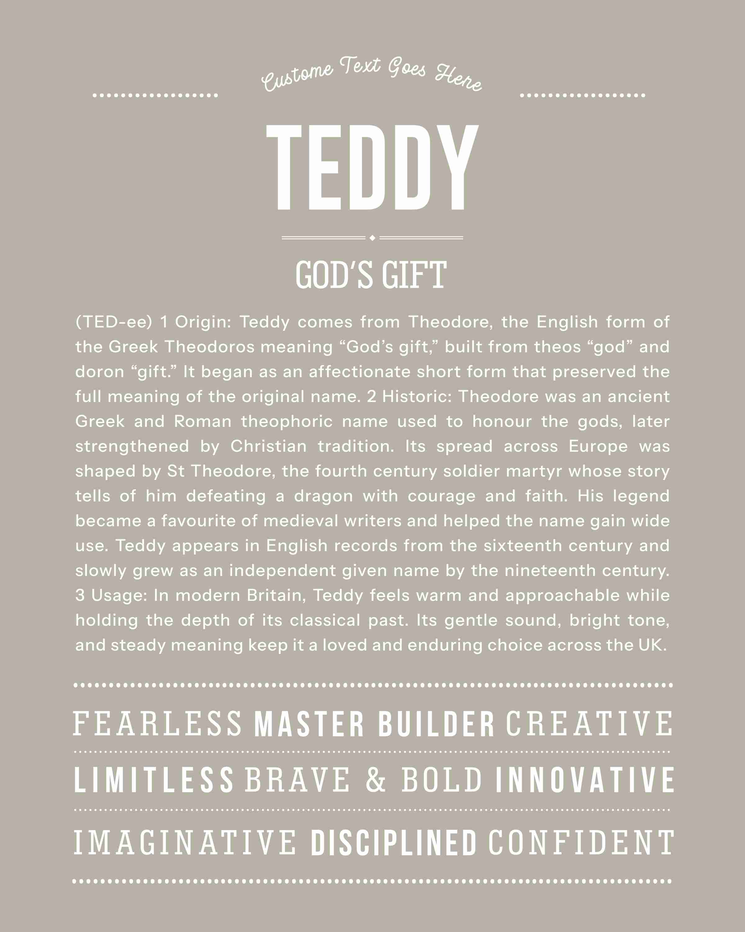 Teddy | Personalised Name Meaning Print – Custom Name Art Gift