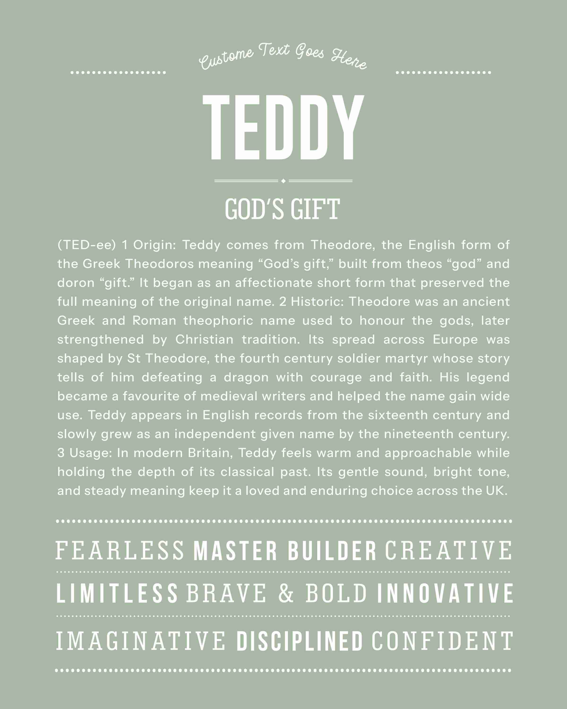 Teddy | Personalised Name Meaning Print – Custom Name Art Gift